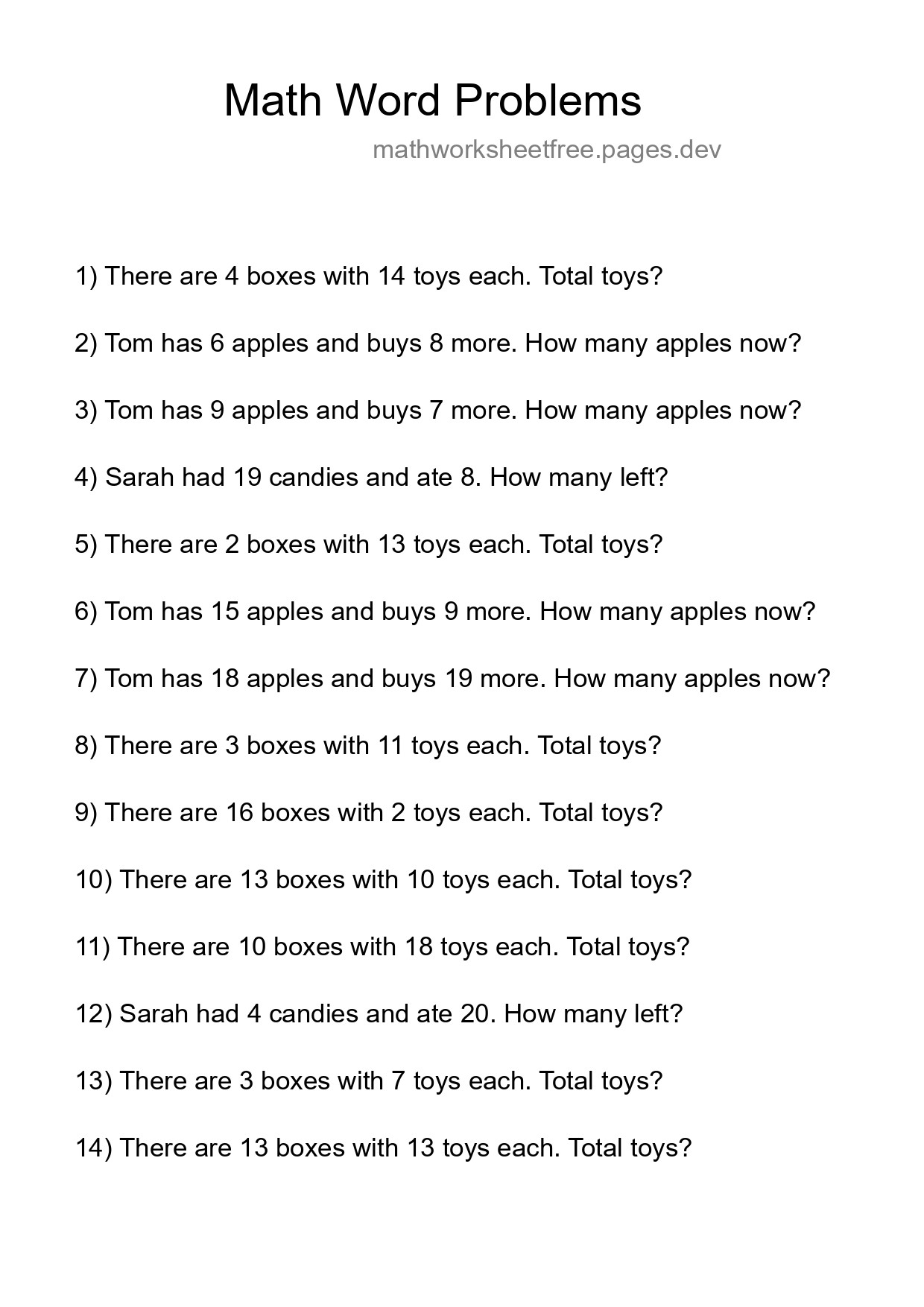 Math Word Problem Worksheet