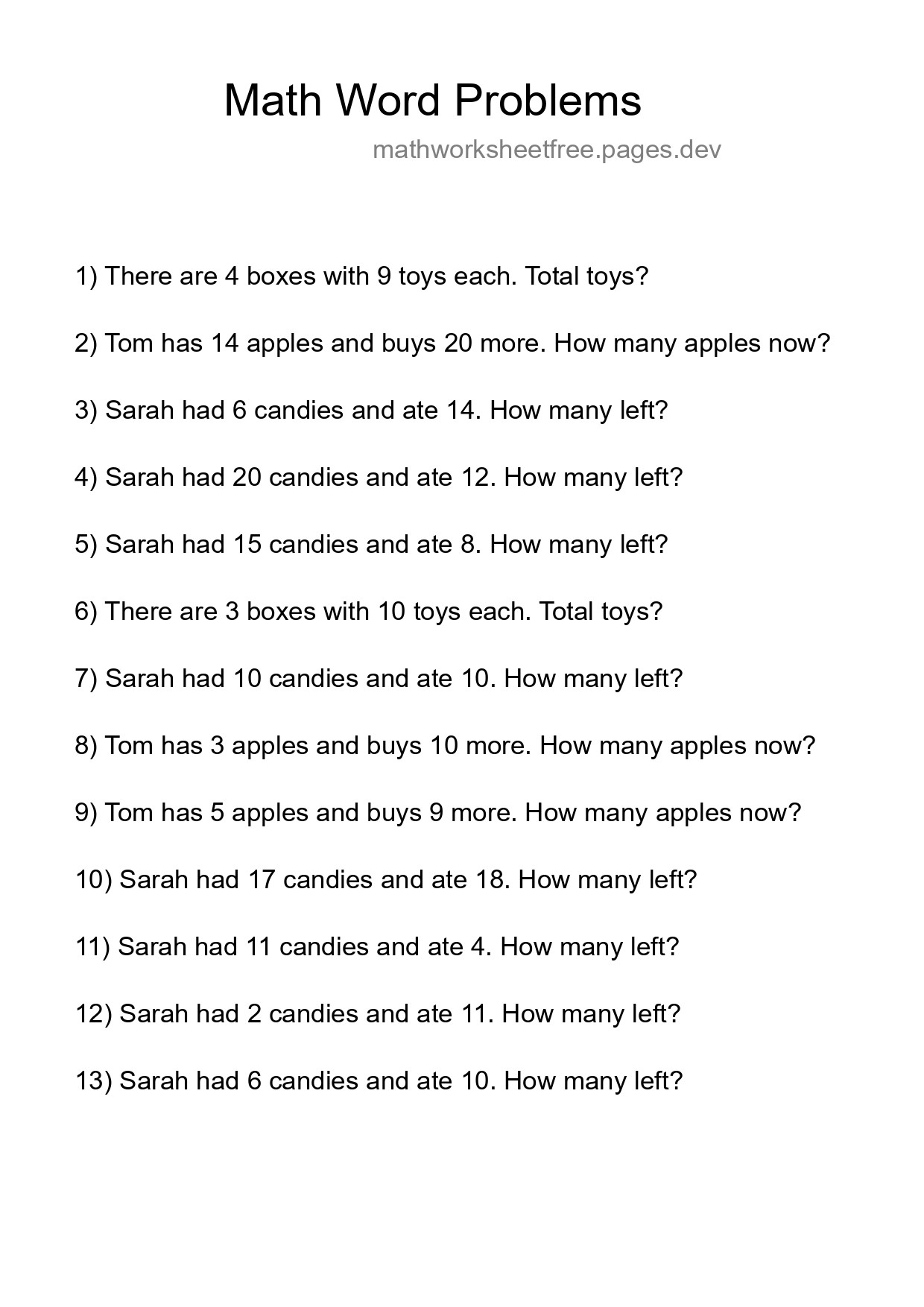 Math Word Problem Worksheet