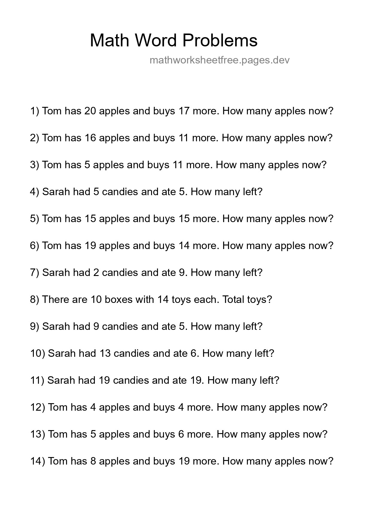 Math Word Problem Worksheet