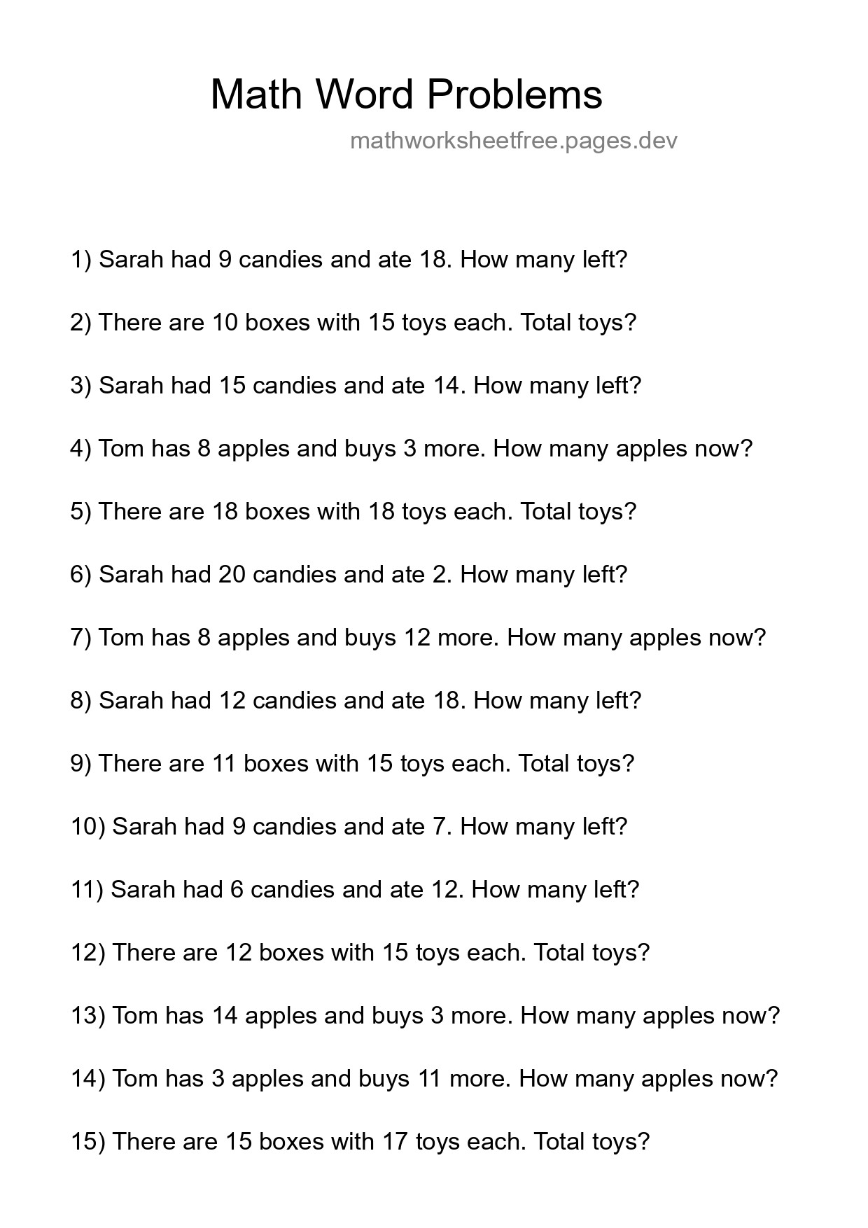 Math Word Problem Worksheet