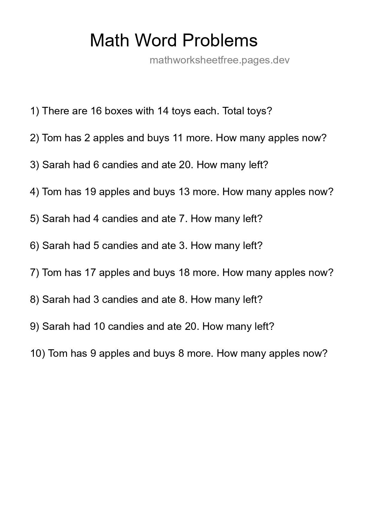 Math Word Problem Worksheet