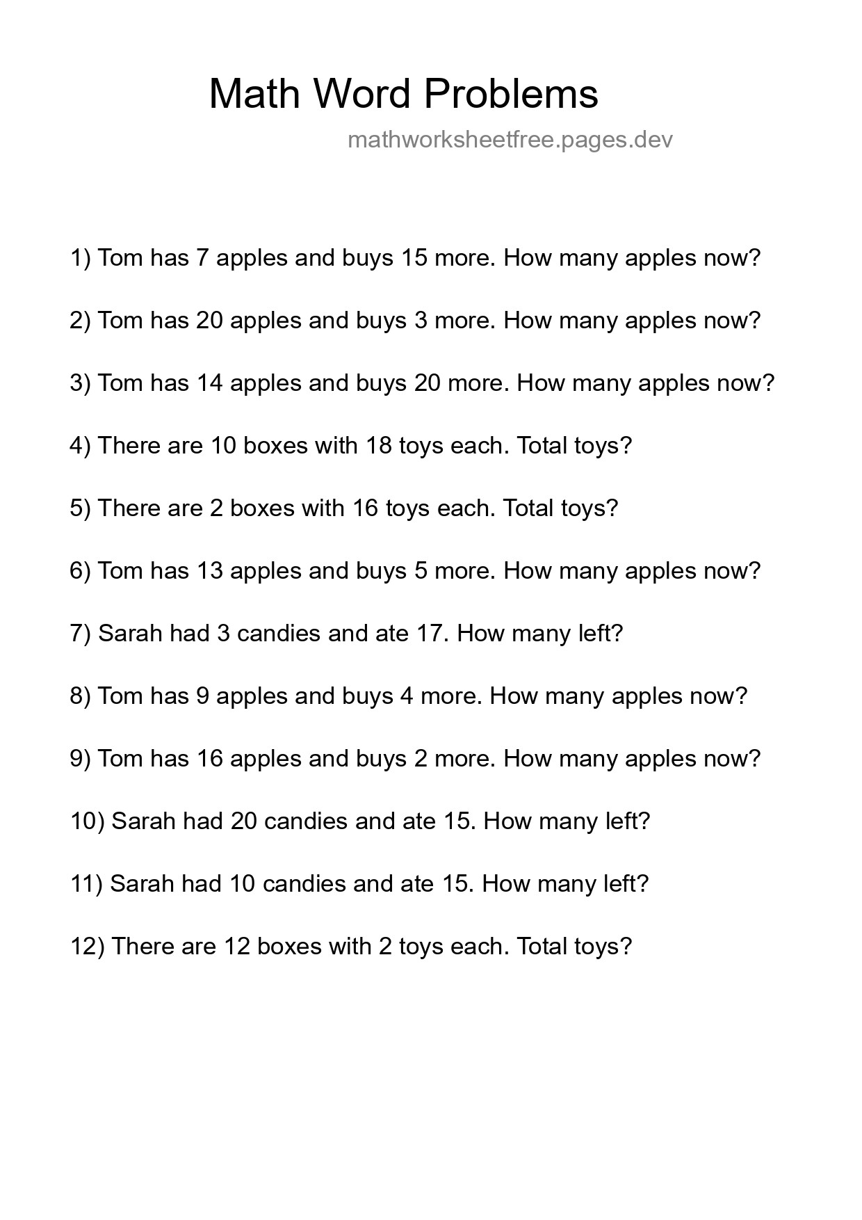 Math Word Problem Worksheet