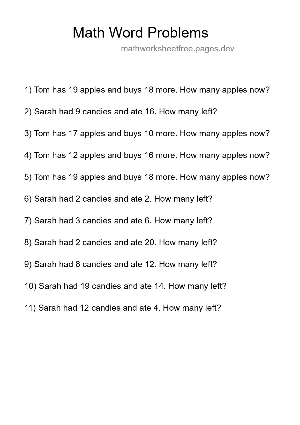 Math Word Problem Worksheet