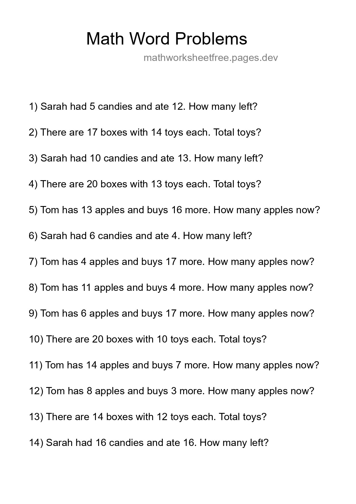Math Word Problem Worksheet