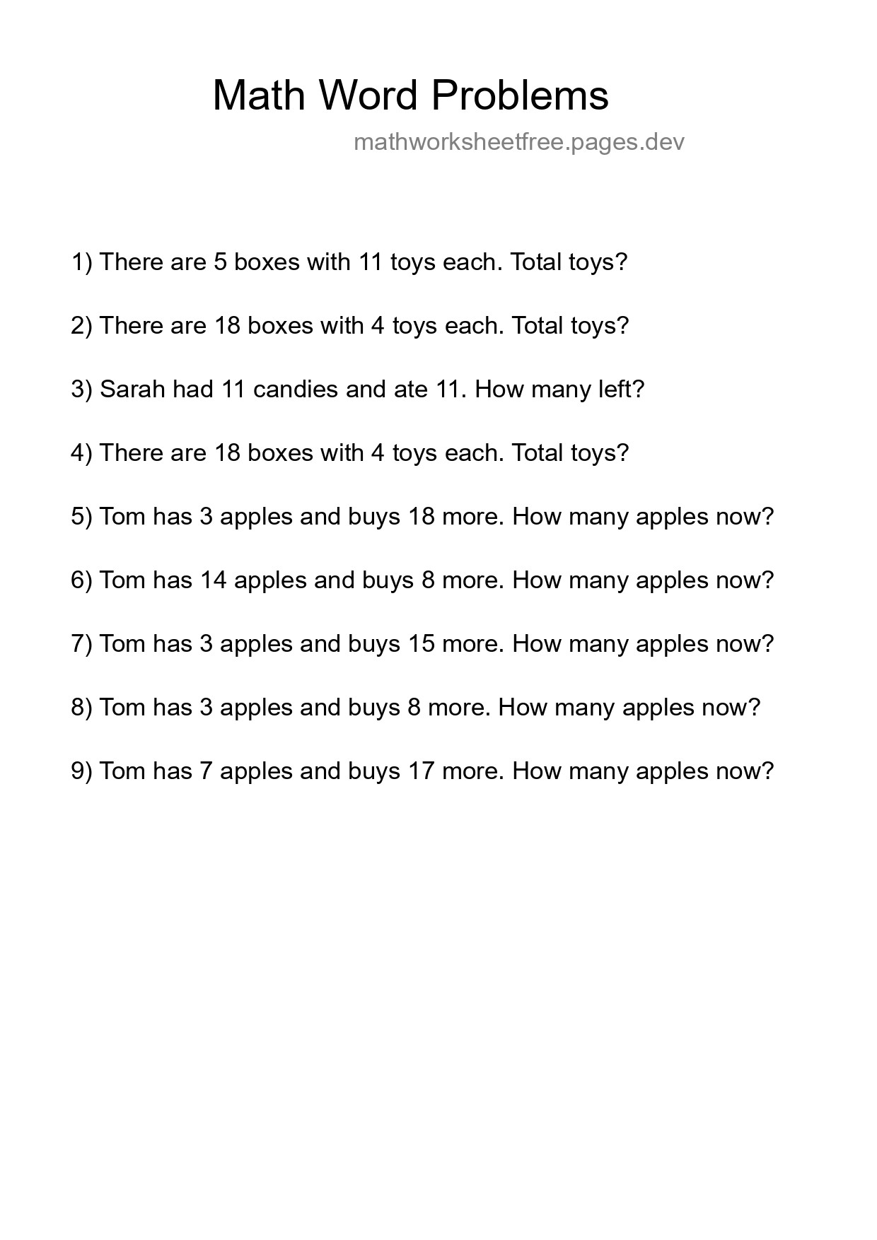 Math Word Problem Worksheet