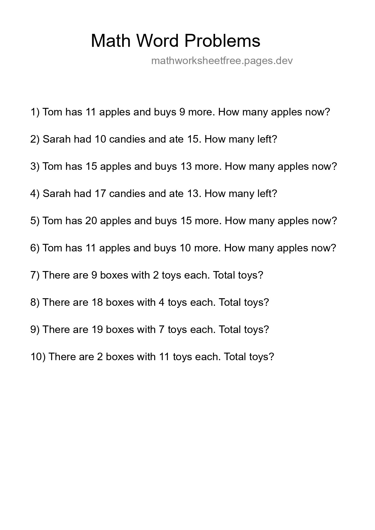Math Word Problem Worksheet