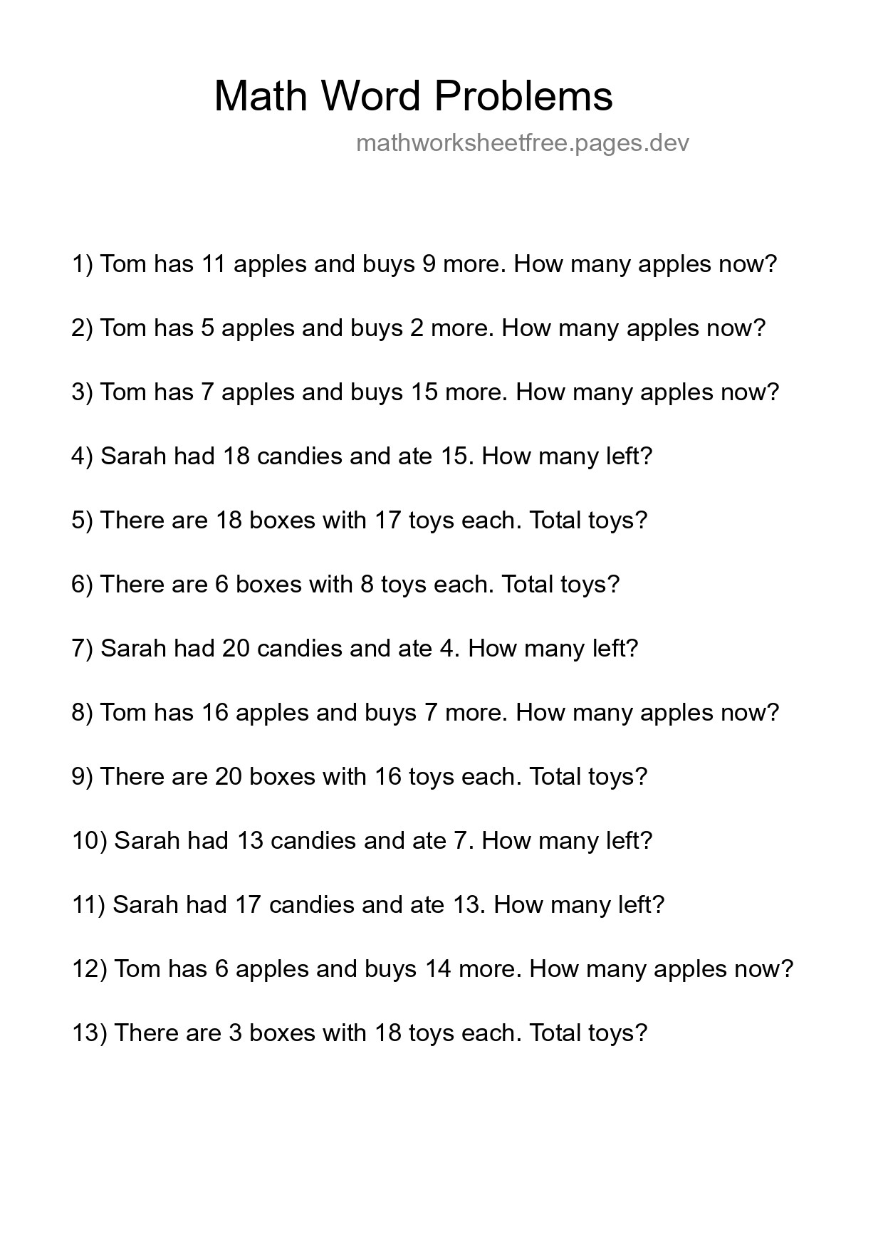 Math Word Problem Worksheet