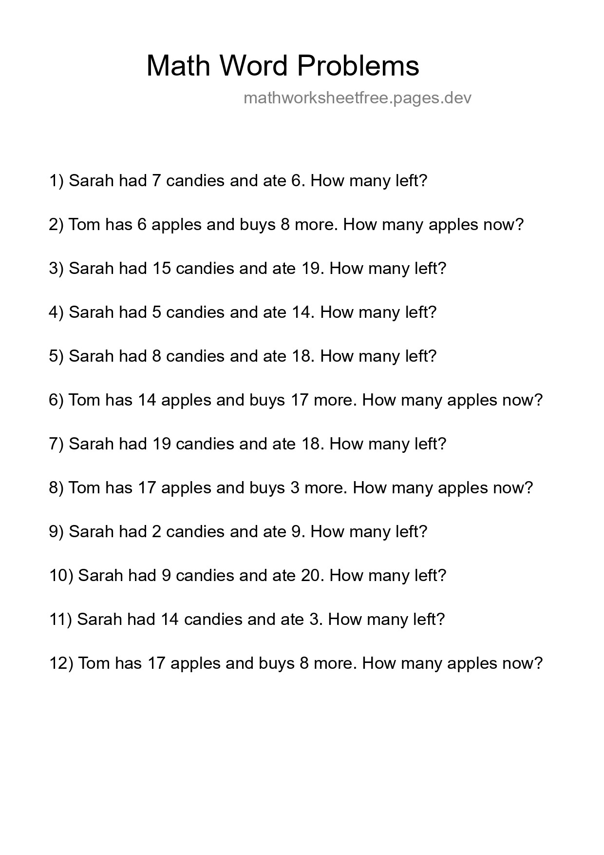 Math Word Problem Worksheet