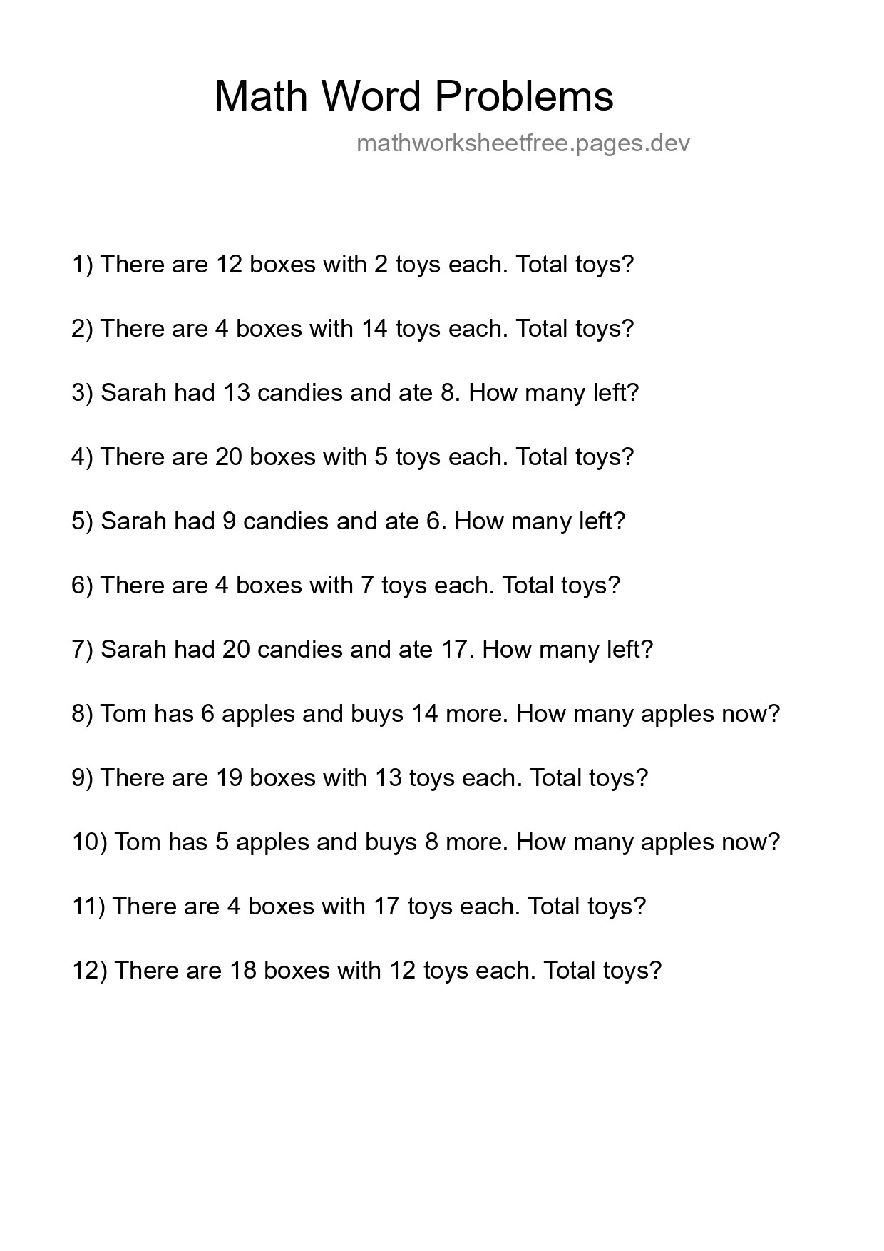 Math Word Problem Worksheet