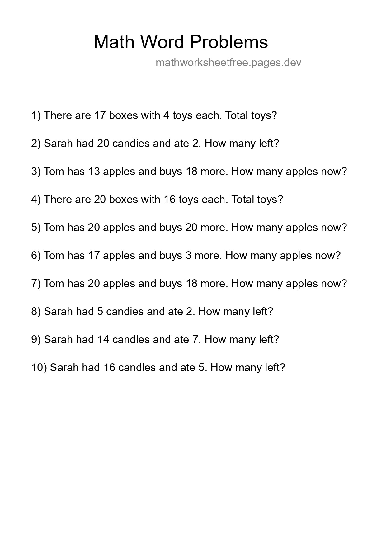 Math Word Problem Worksheet