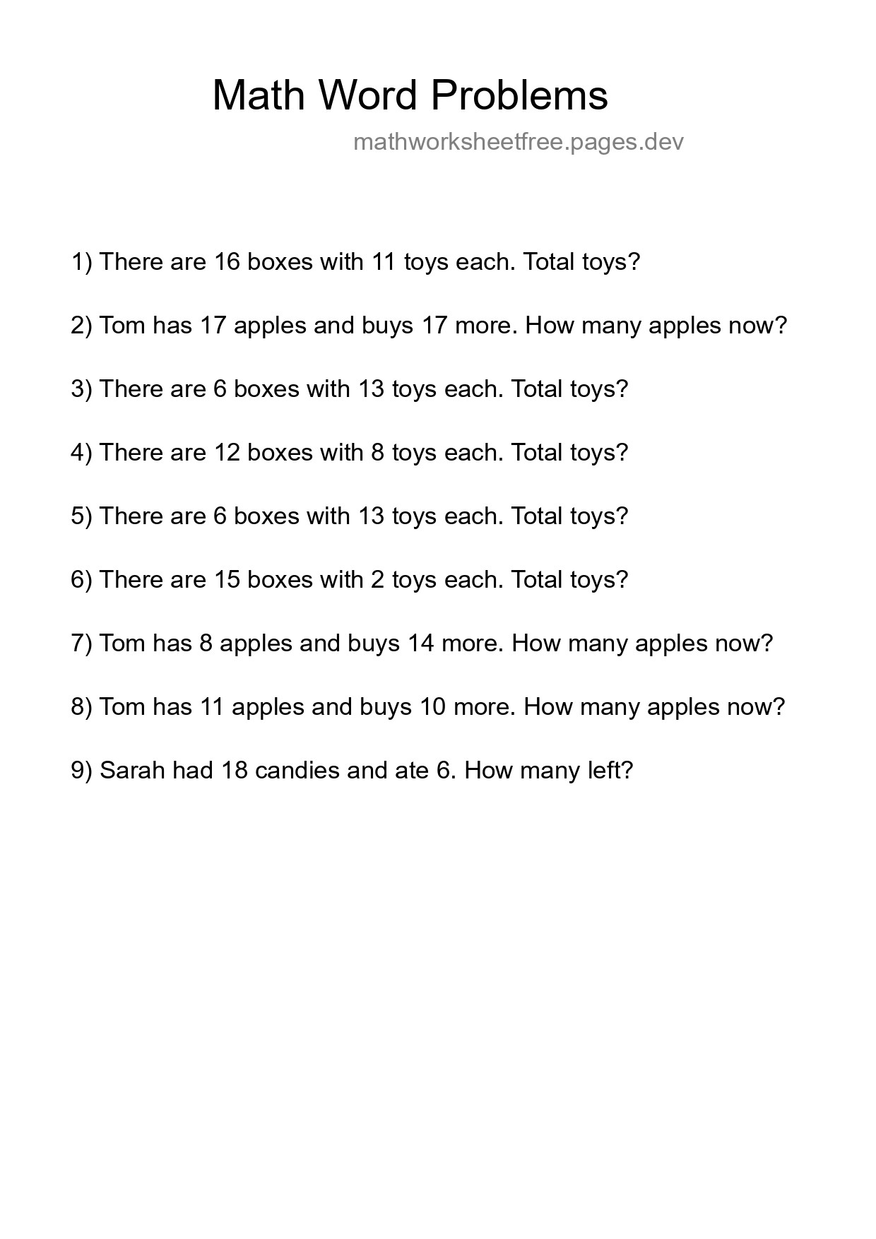 Math Word Problem Worksheet