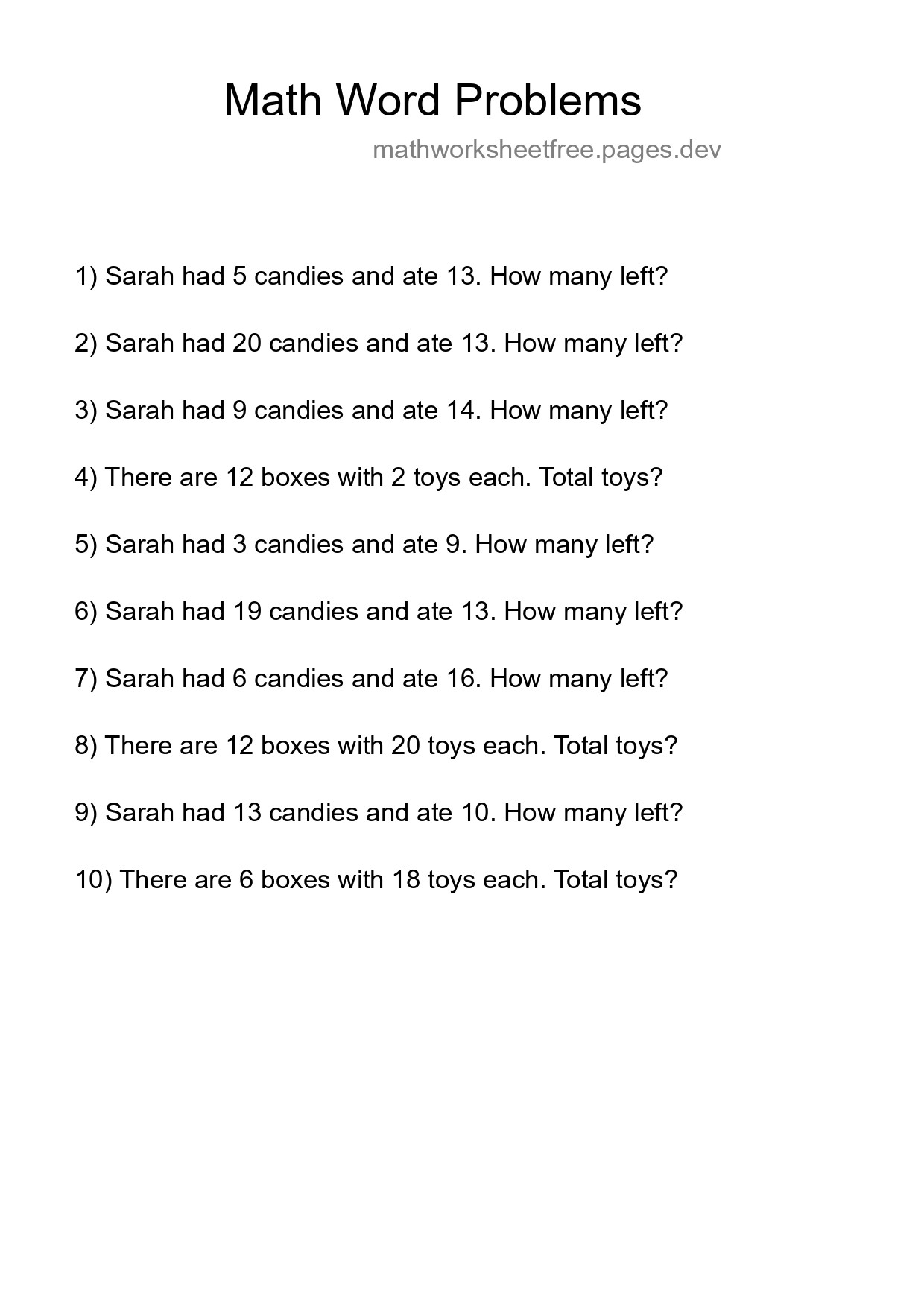 Math Word Problem Worksheet