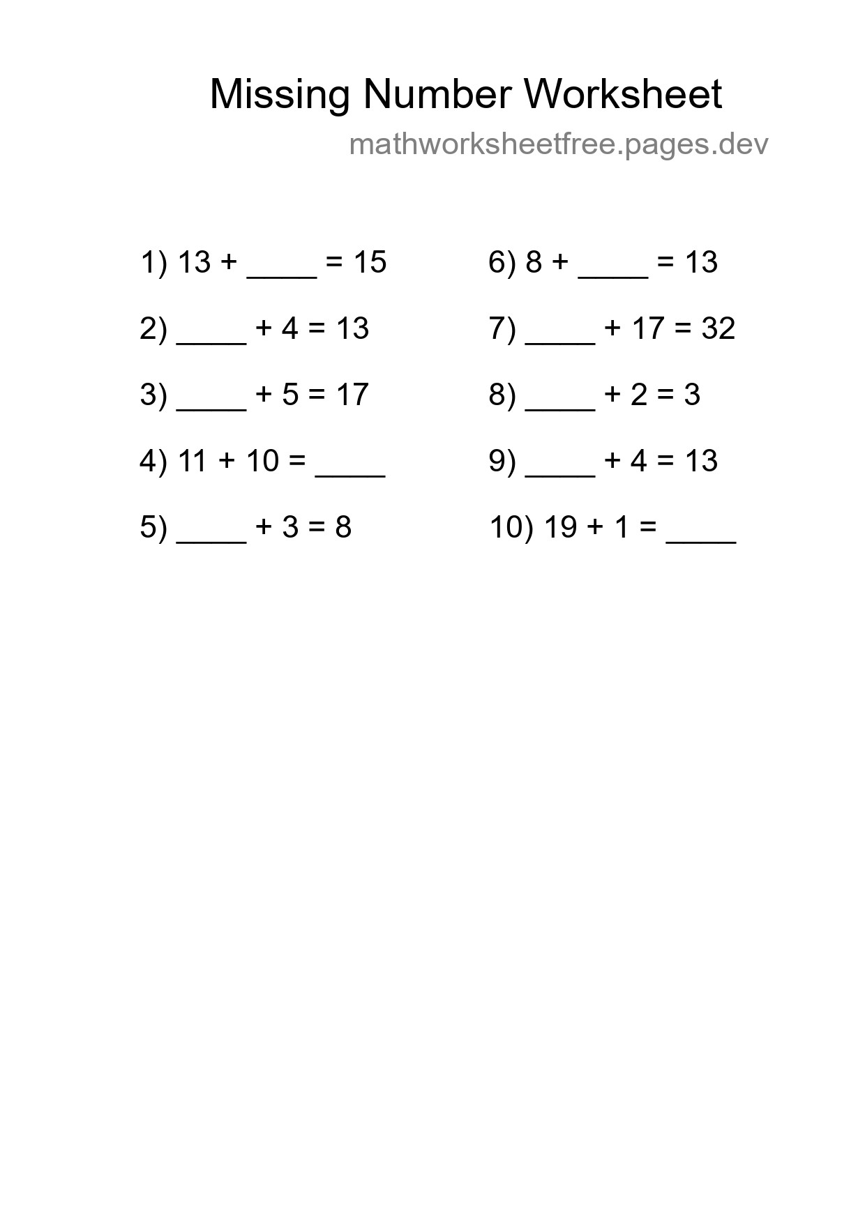 Missing Number Math Worksheet