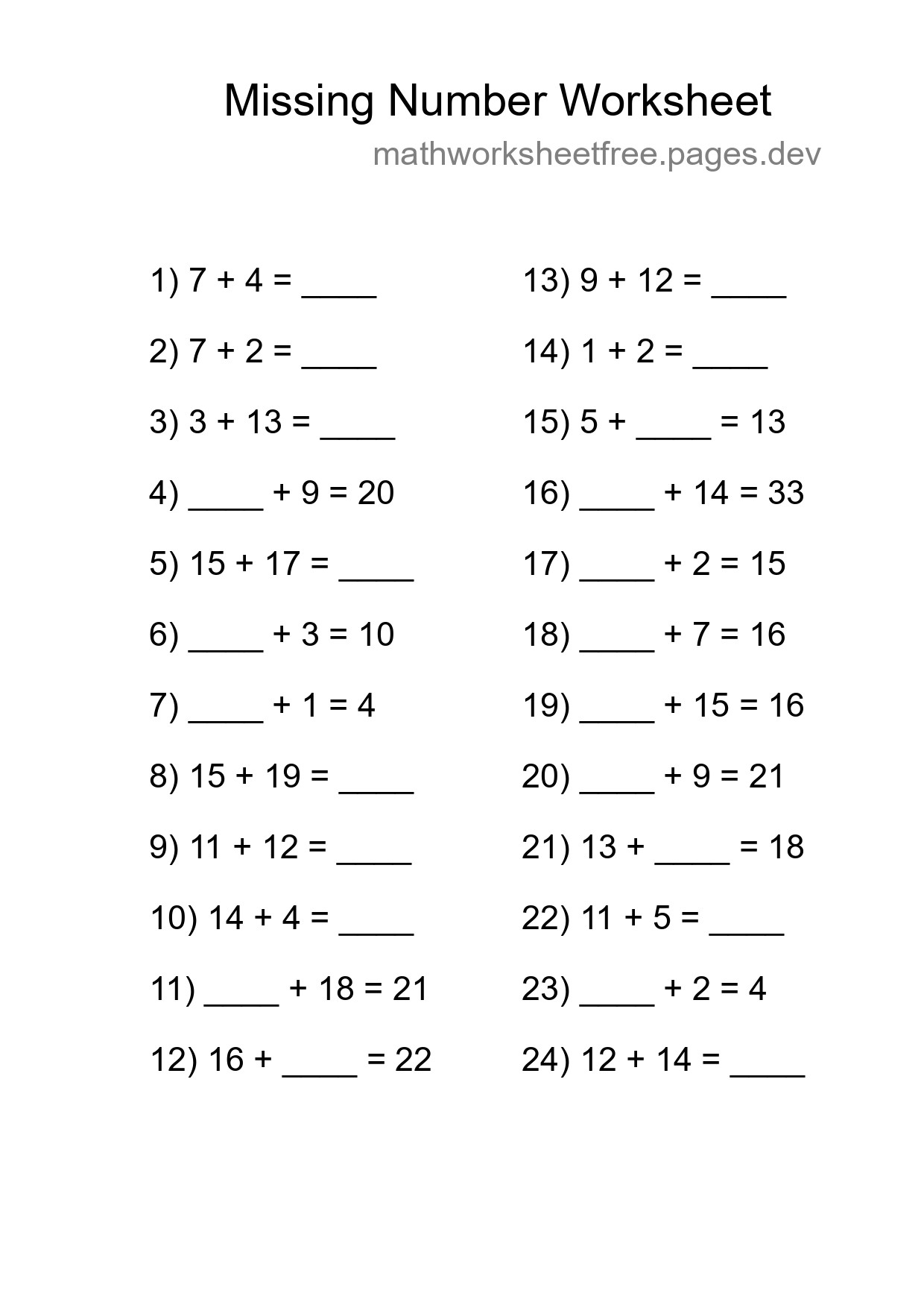 Missing Number Math Worksheet