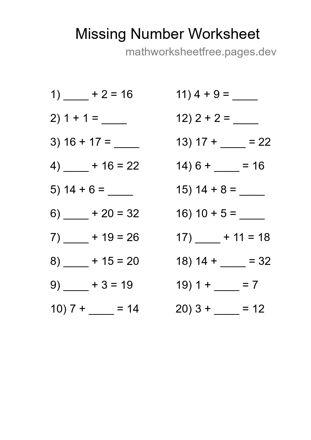 Missing Number Math Worksheet