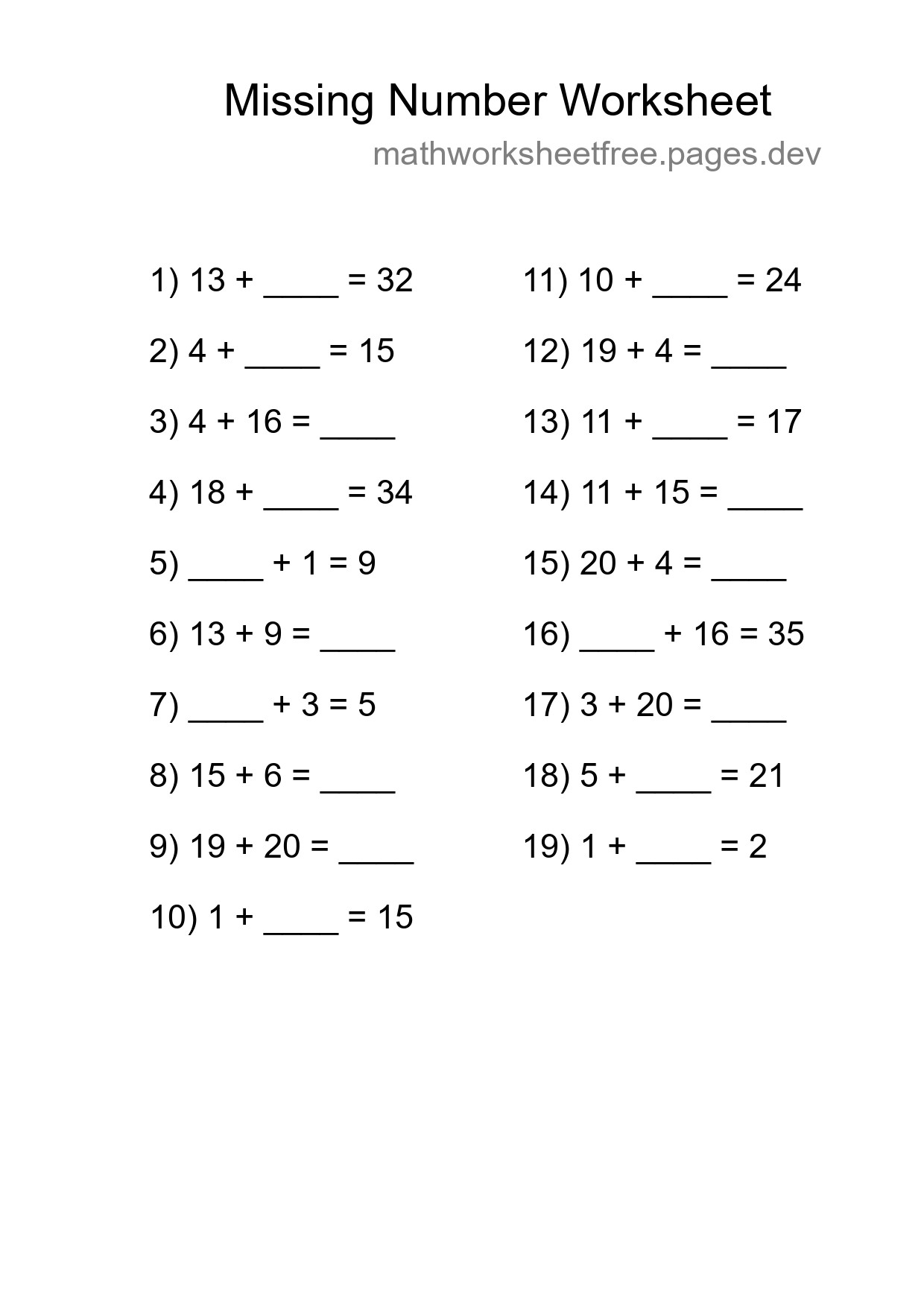 Missing Number Math Worksheet