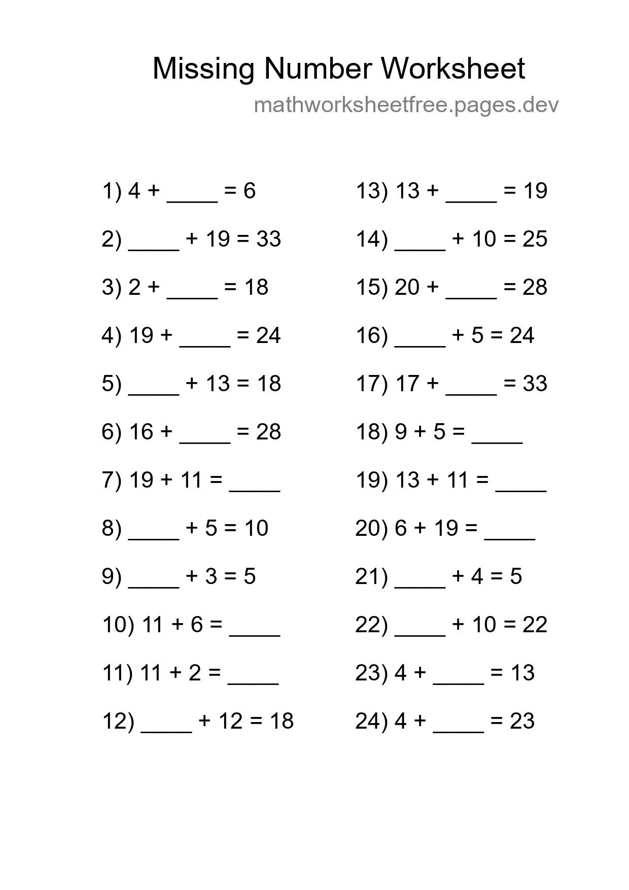 Missing Number Math Worksheet