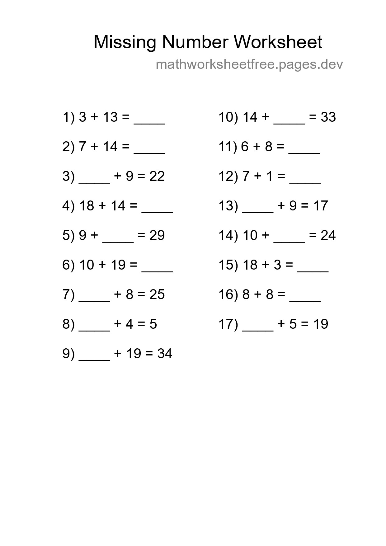 Missing Number Math Worksheet