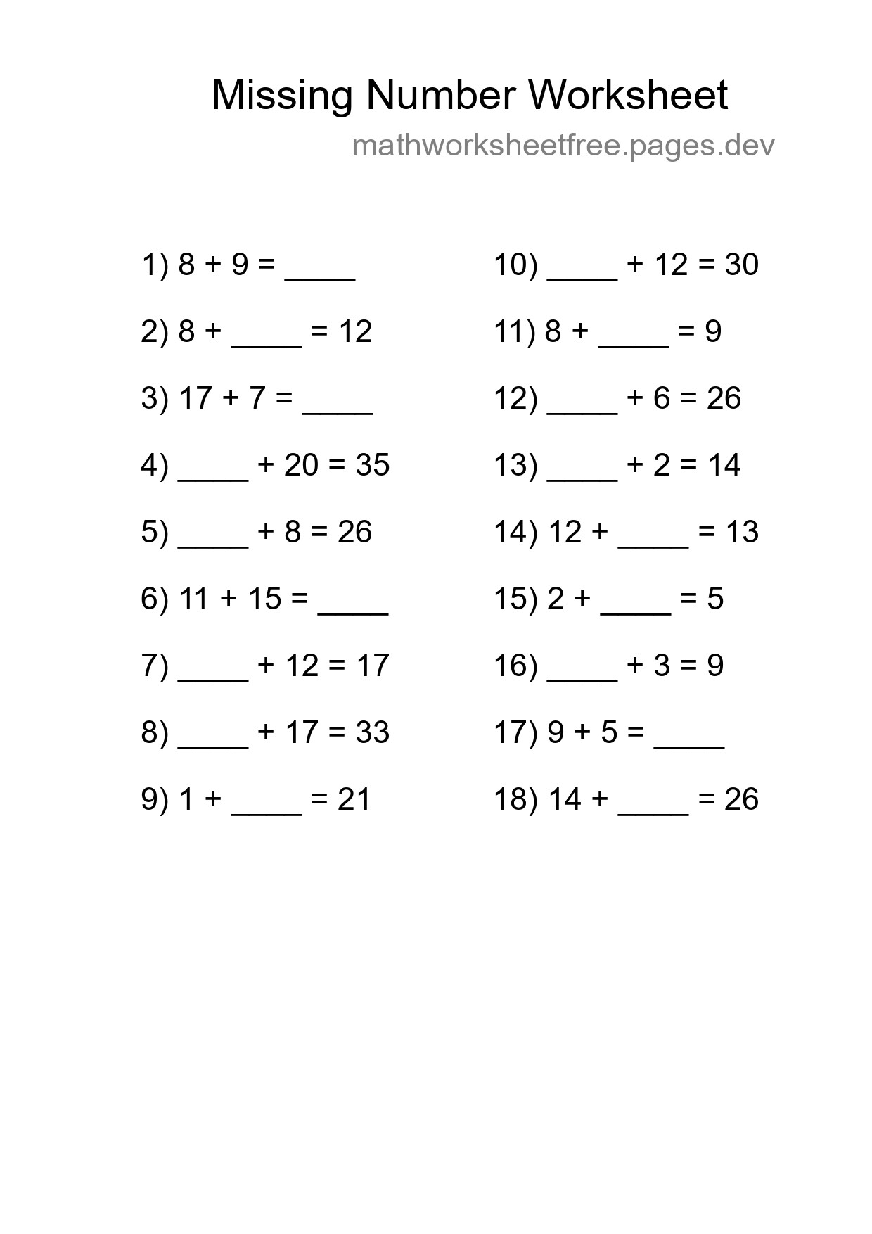 Missing Number Math Worksheet