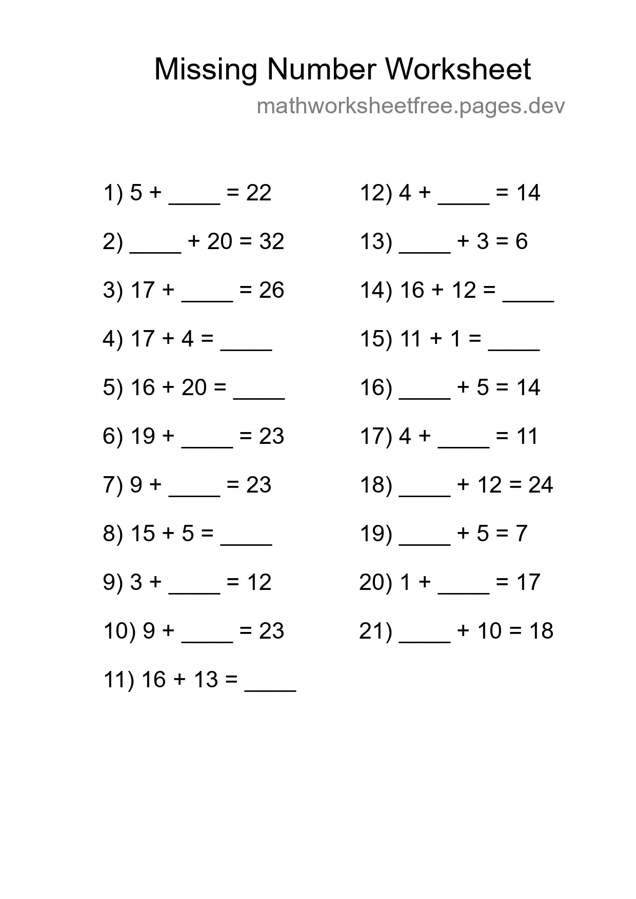 Missing Number Math Worksheet