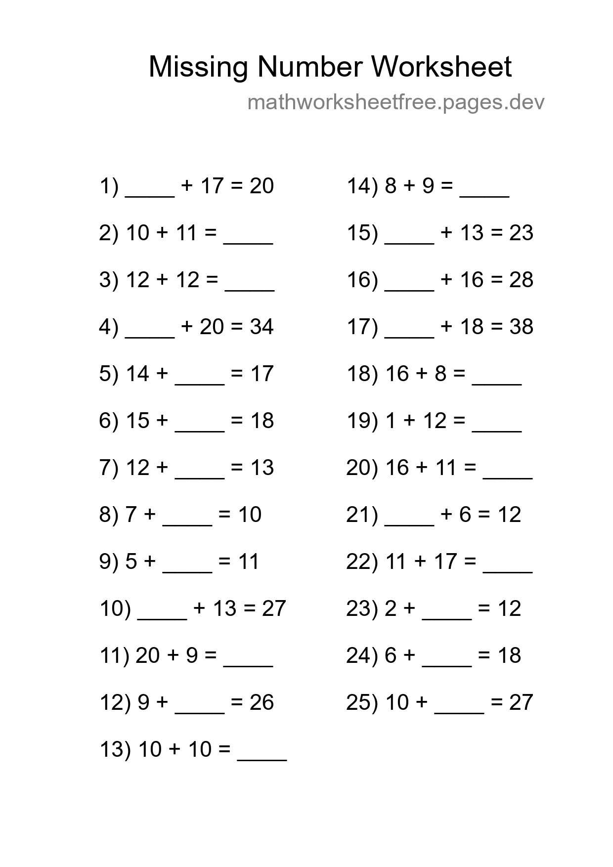 Missing Number Math Worksheet