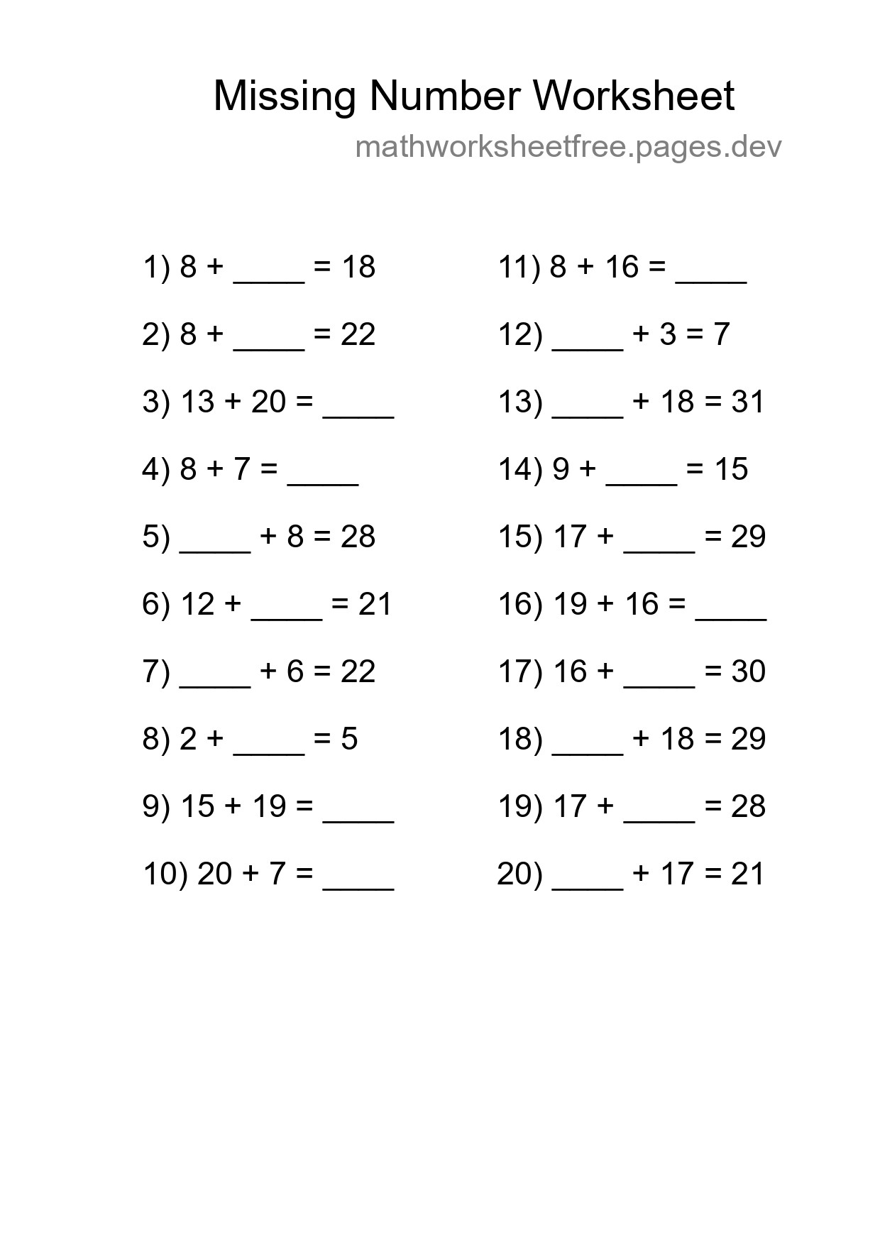 Missing Number Math Worksheet