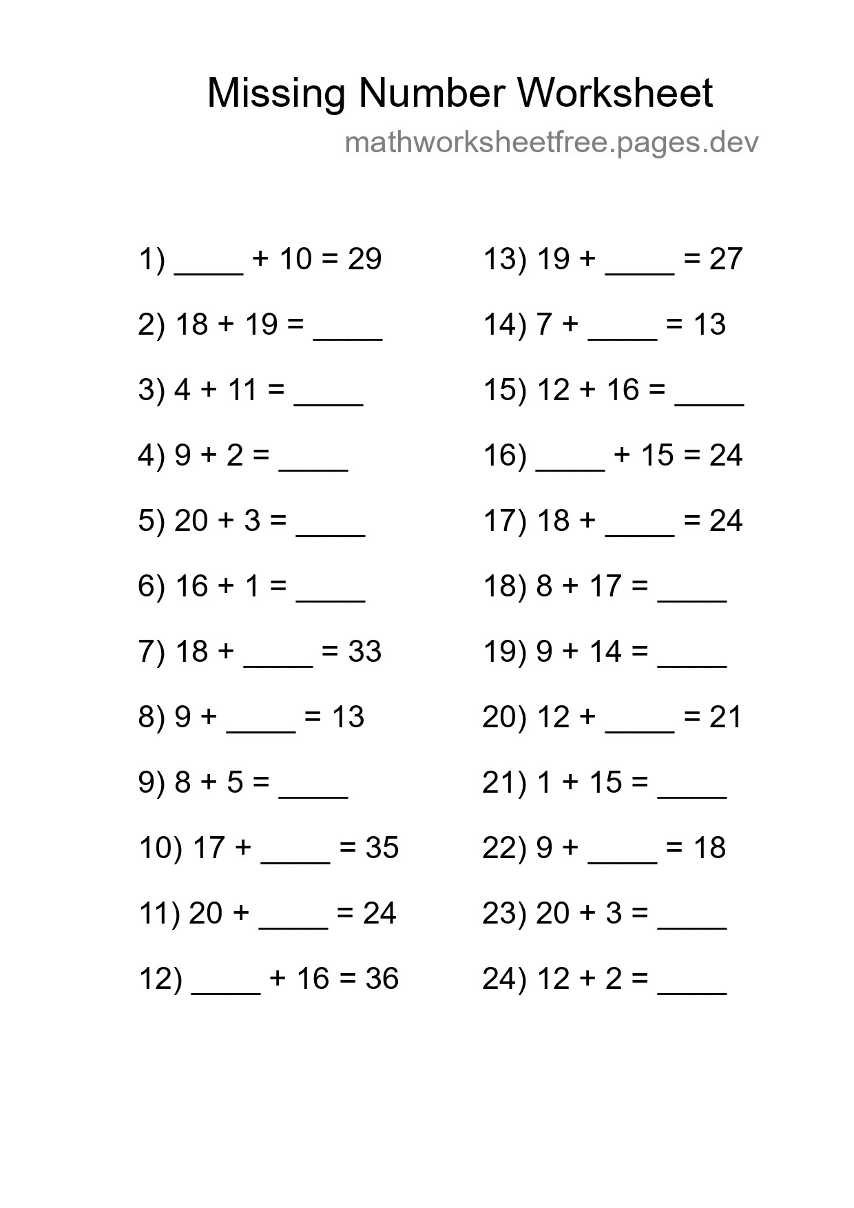 Missing Number Math Worksheet