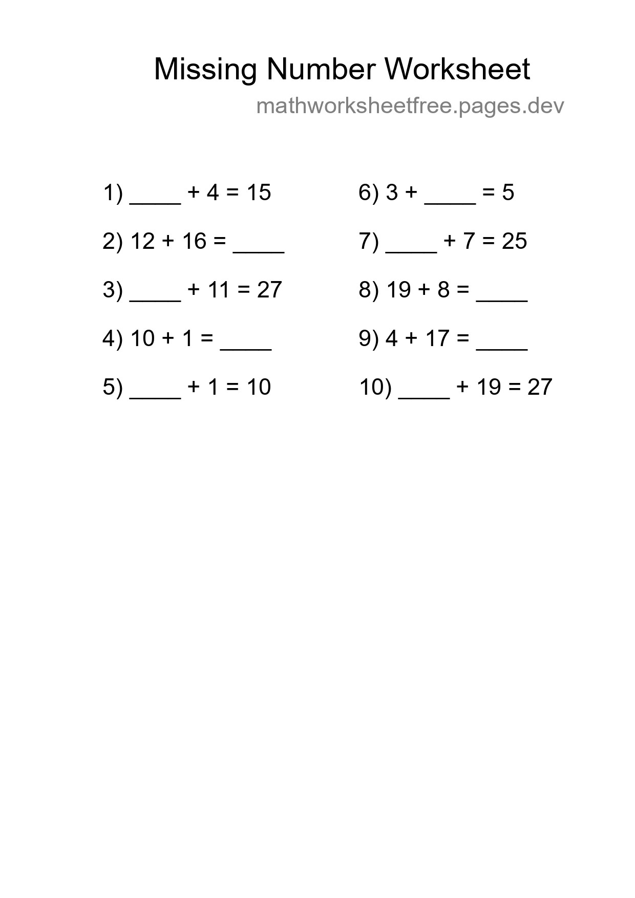 Missing Number Math Worksheet