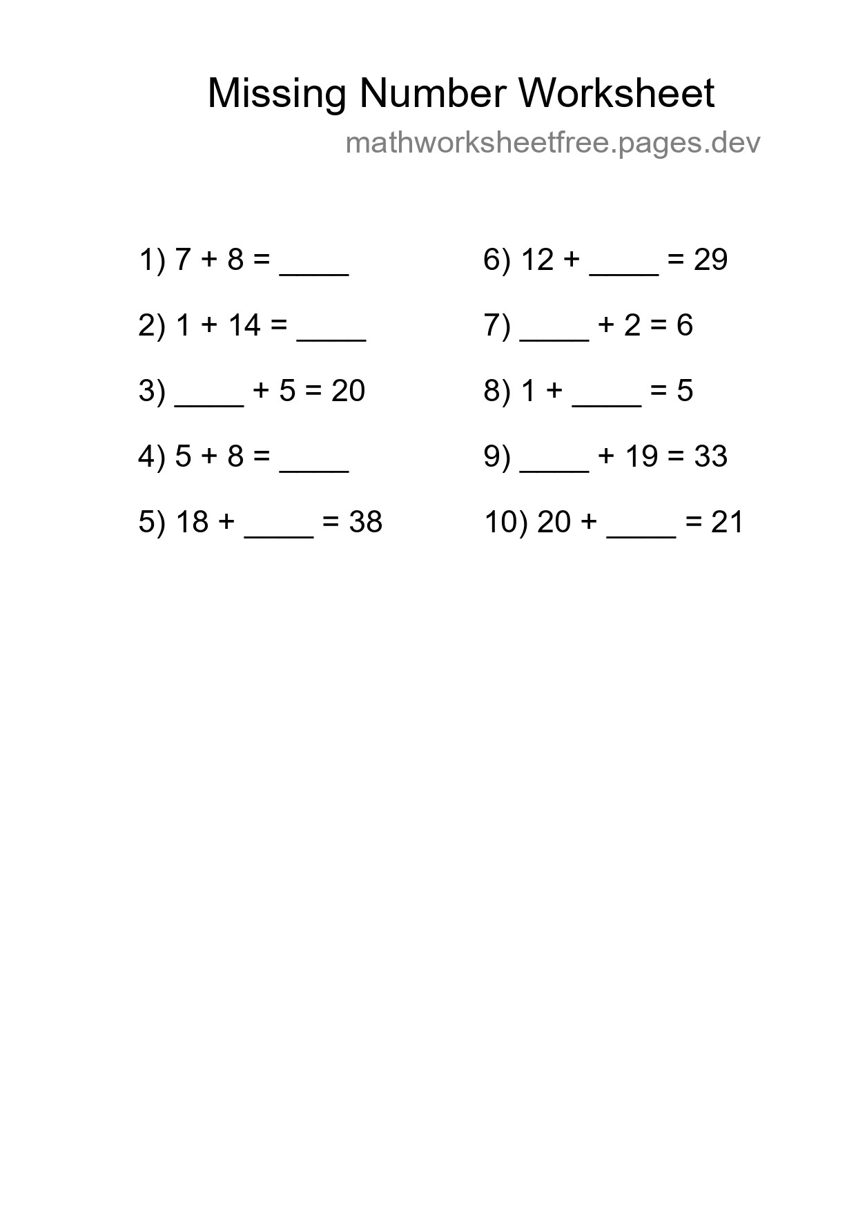 Missing Number Math Worksheet