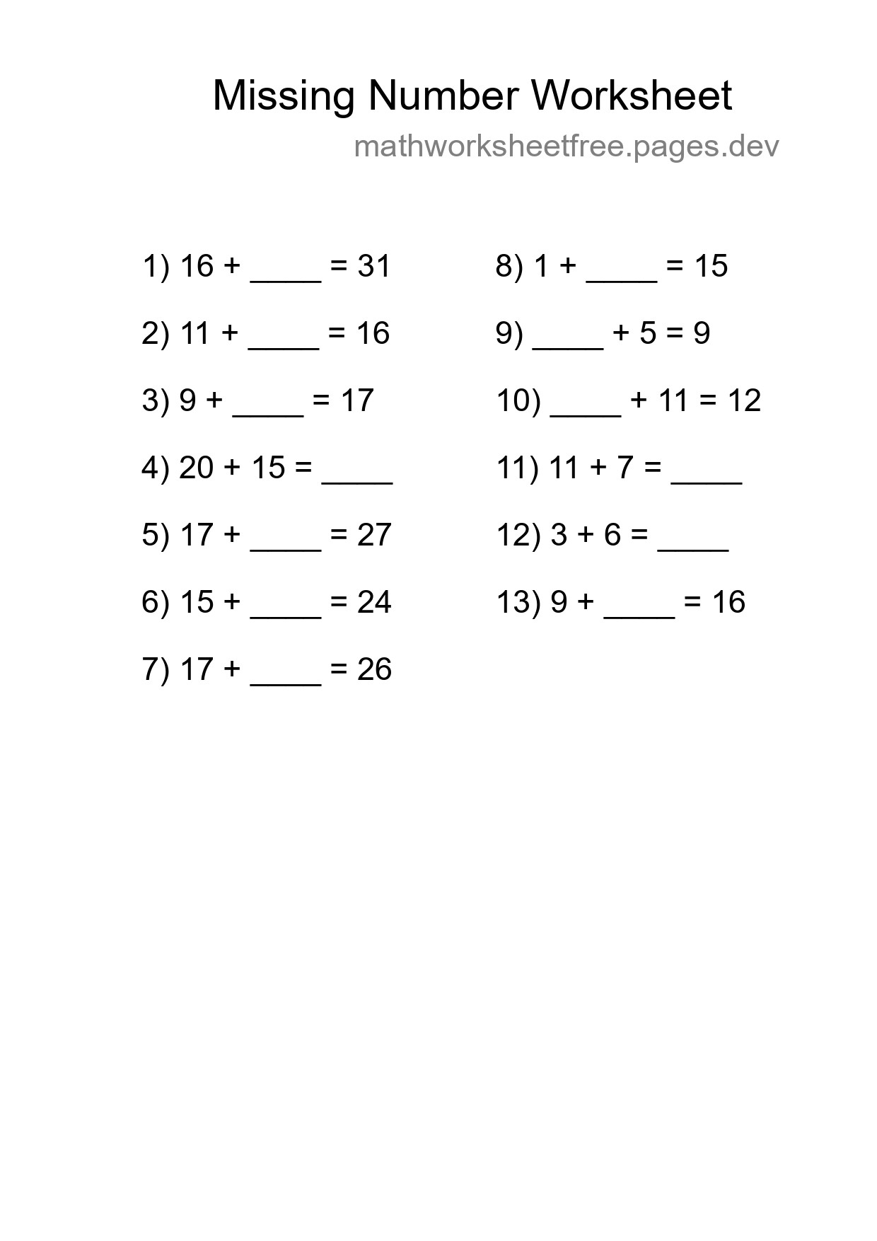 Missing Number Math Worksheet