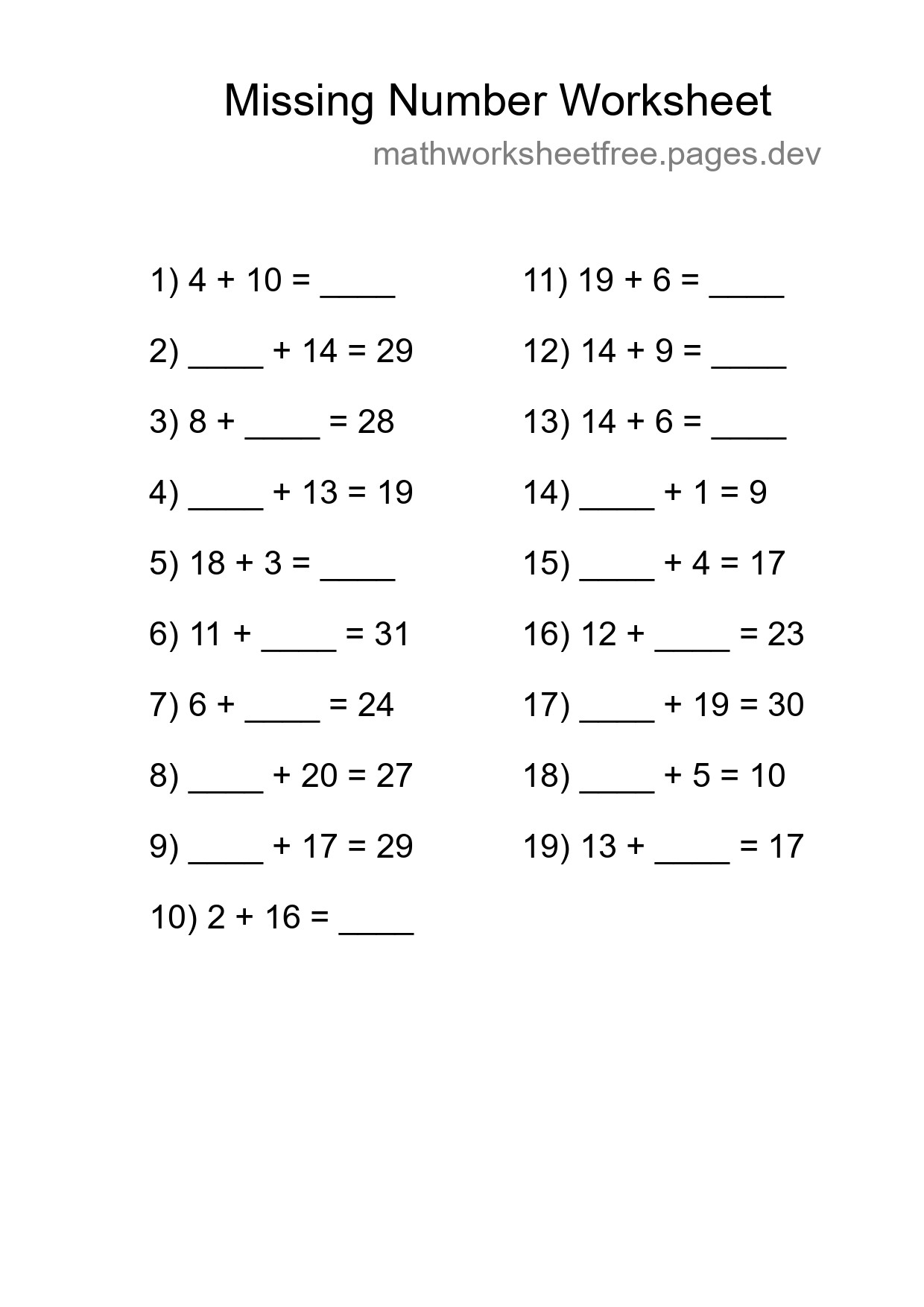 Missing Number Math Worksheet