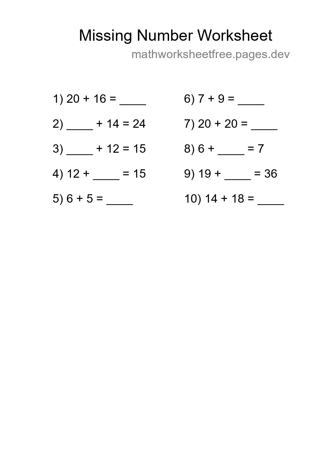 Missing Number Math Worksheet