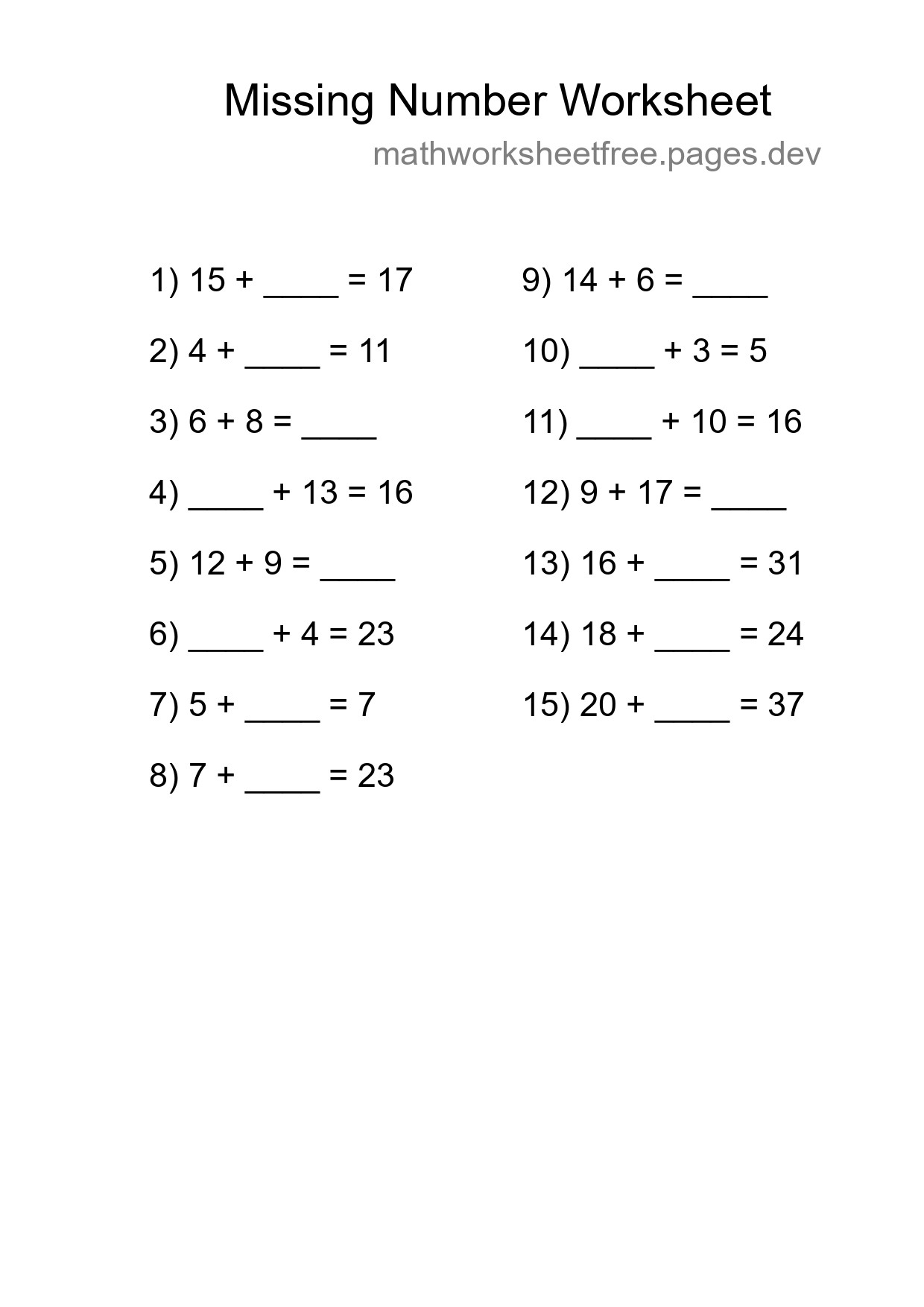 Missing Number Math Worksheet