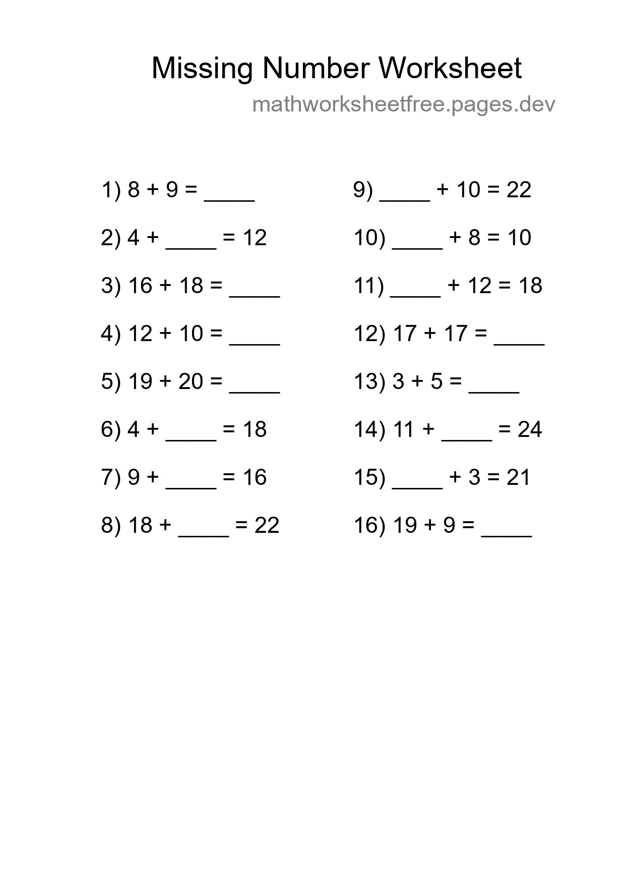 Missing Number Math Worksheet