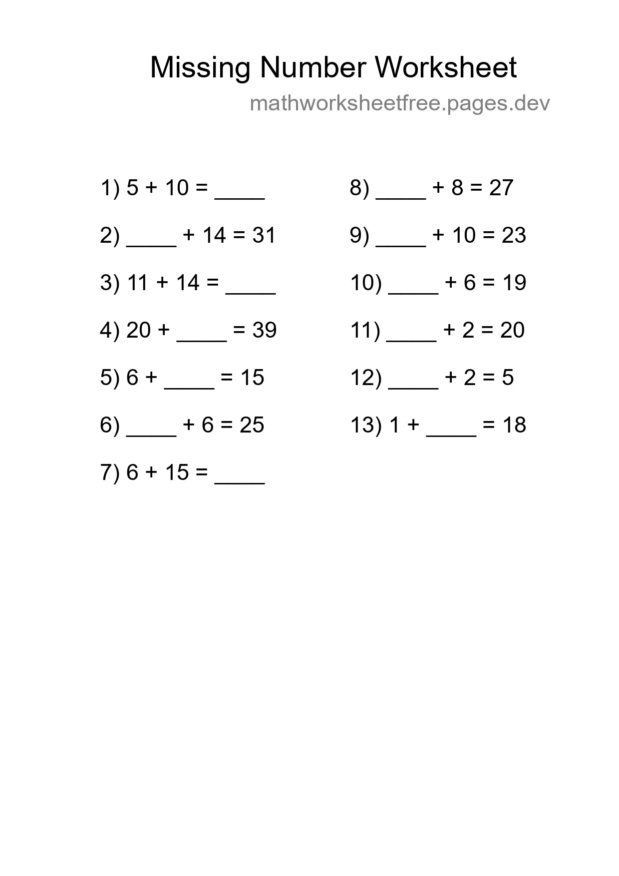 Missing Number Math Worksheet