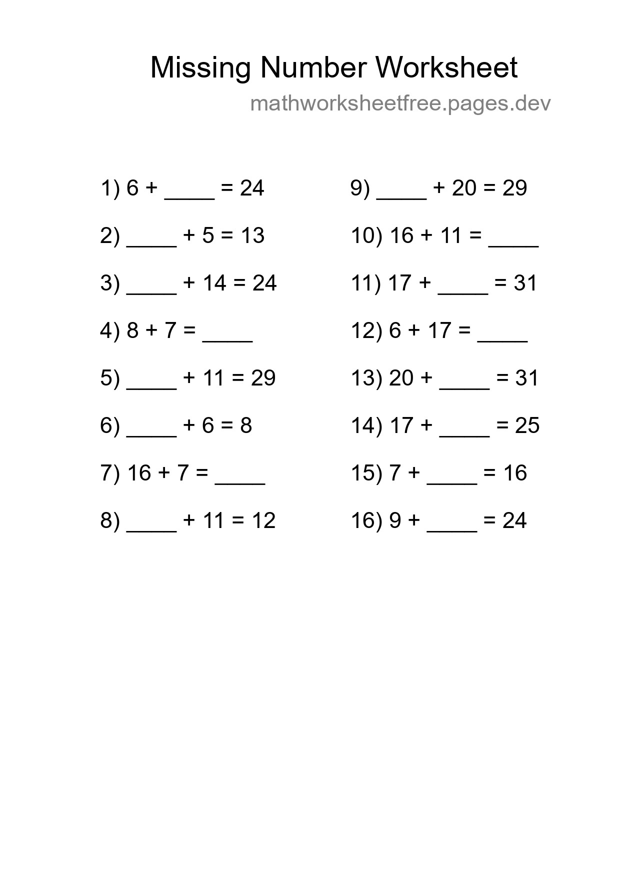 Missing Number Math Worksheet
