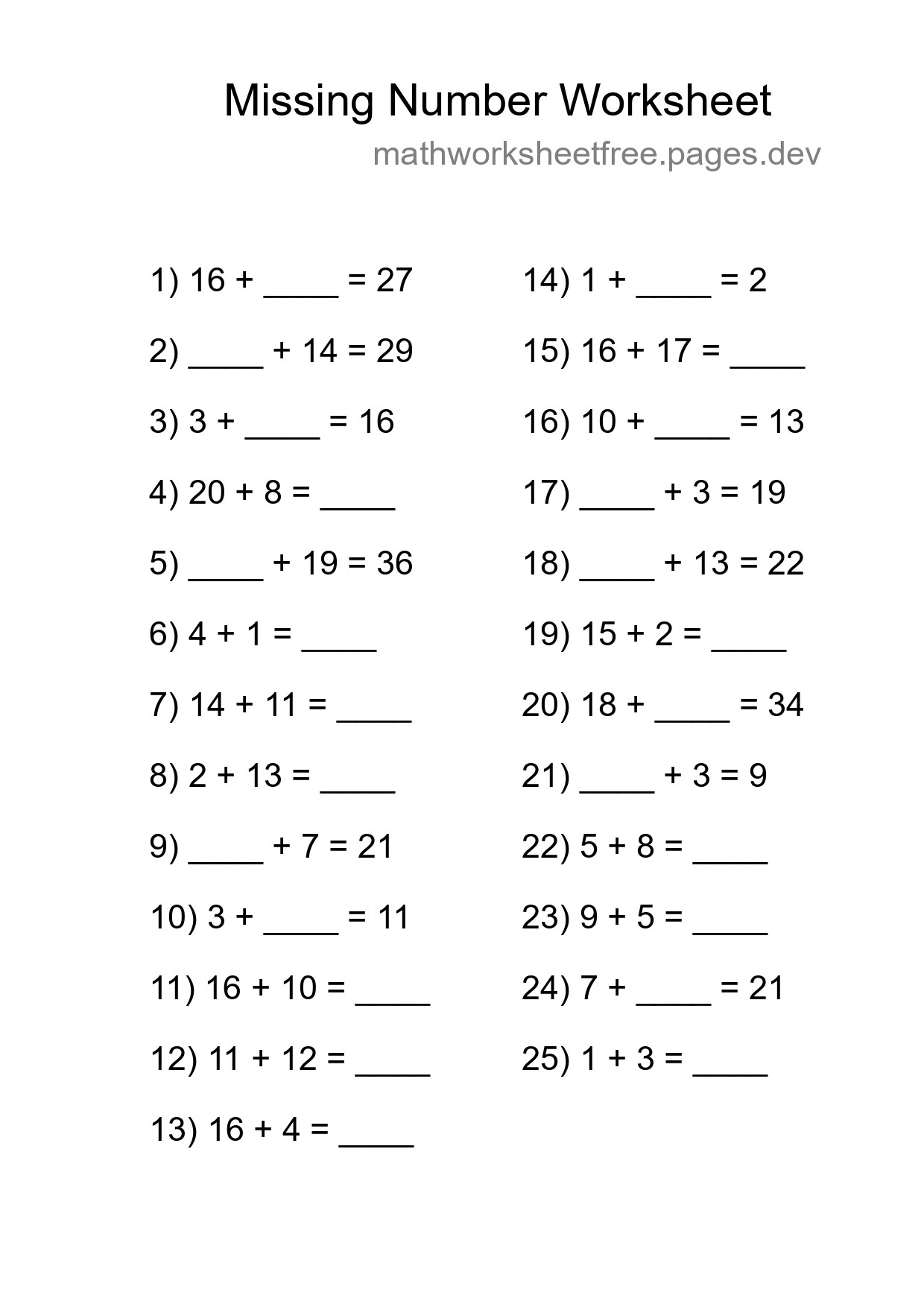 Missing Number Math Worksheet