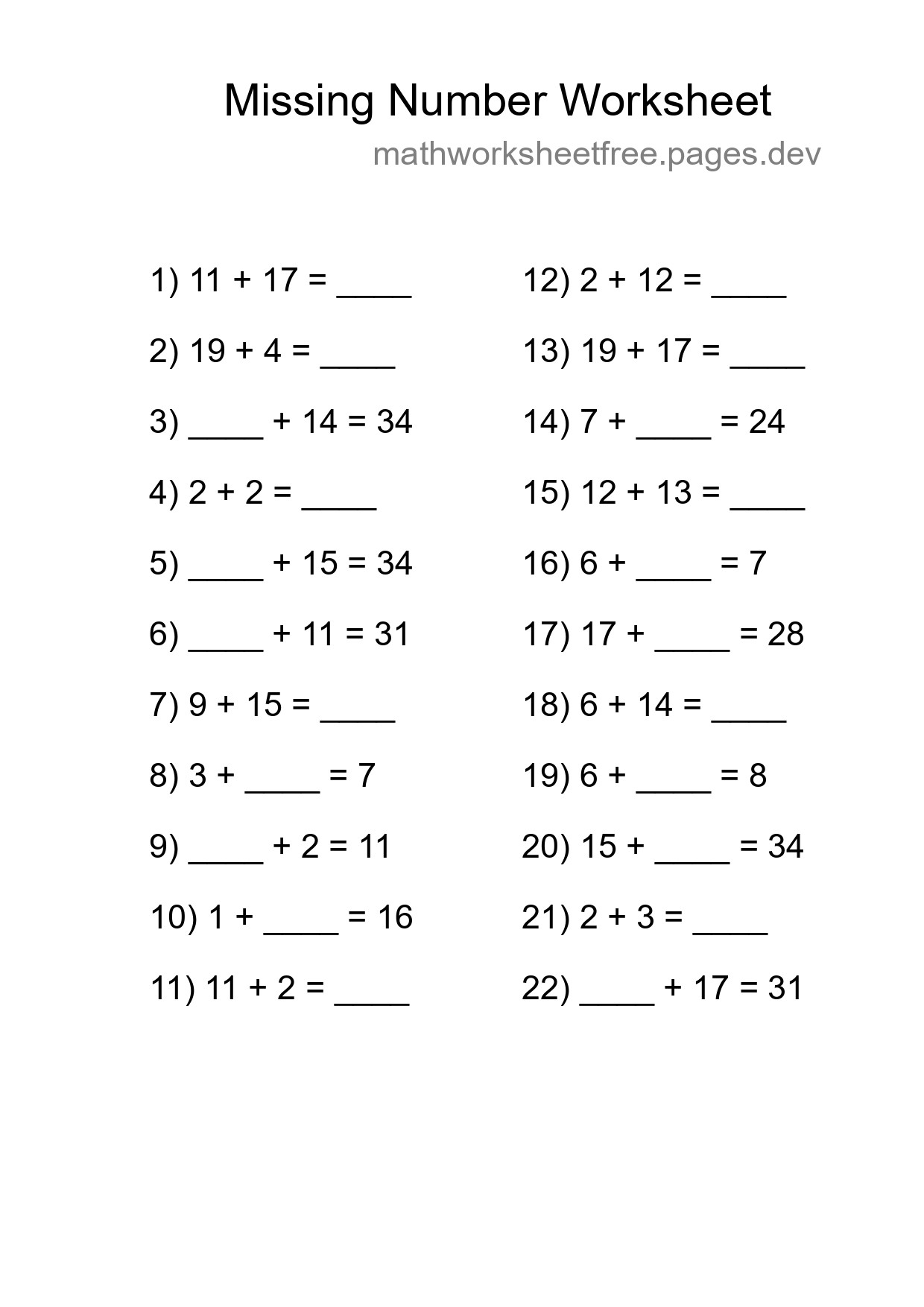 Missing Number Math Worksheet