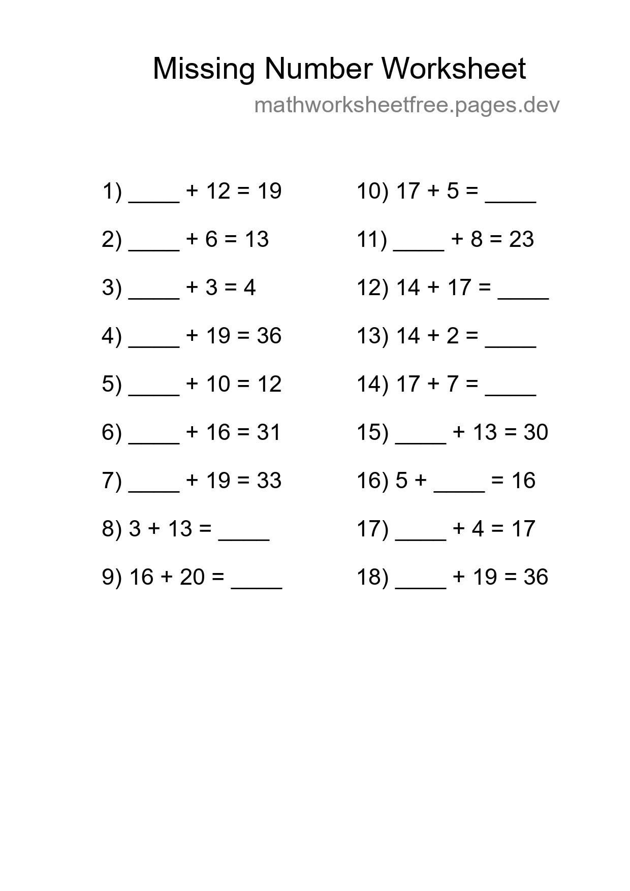 Missing Number Math Worksheet