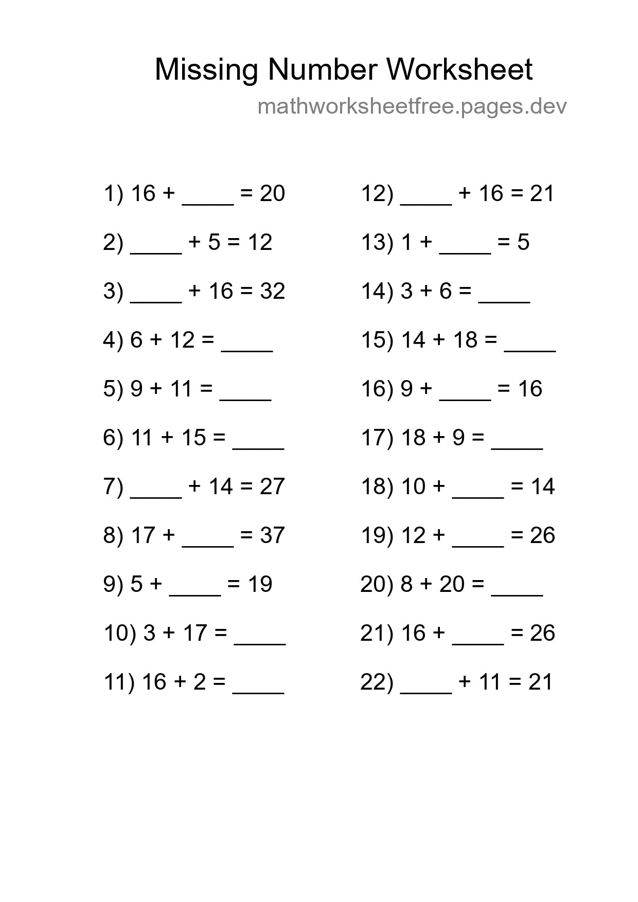 Missing Number Math Worksheet