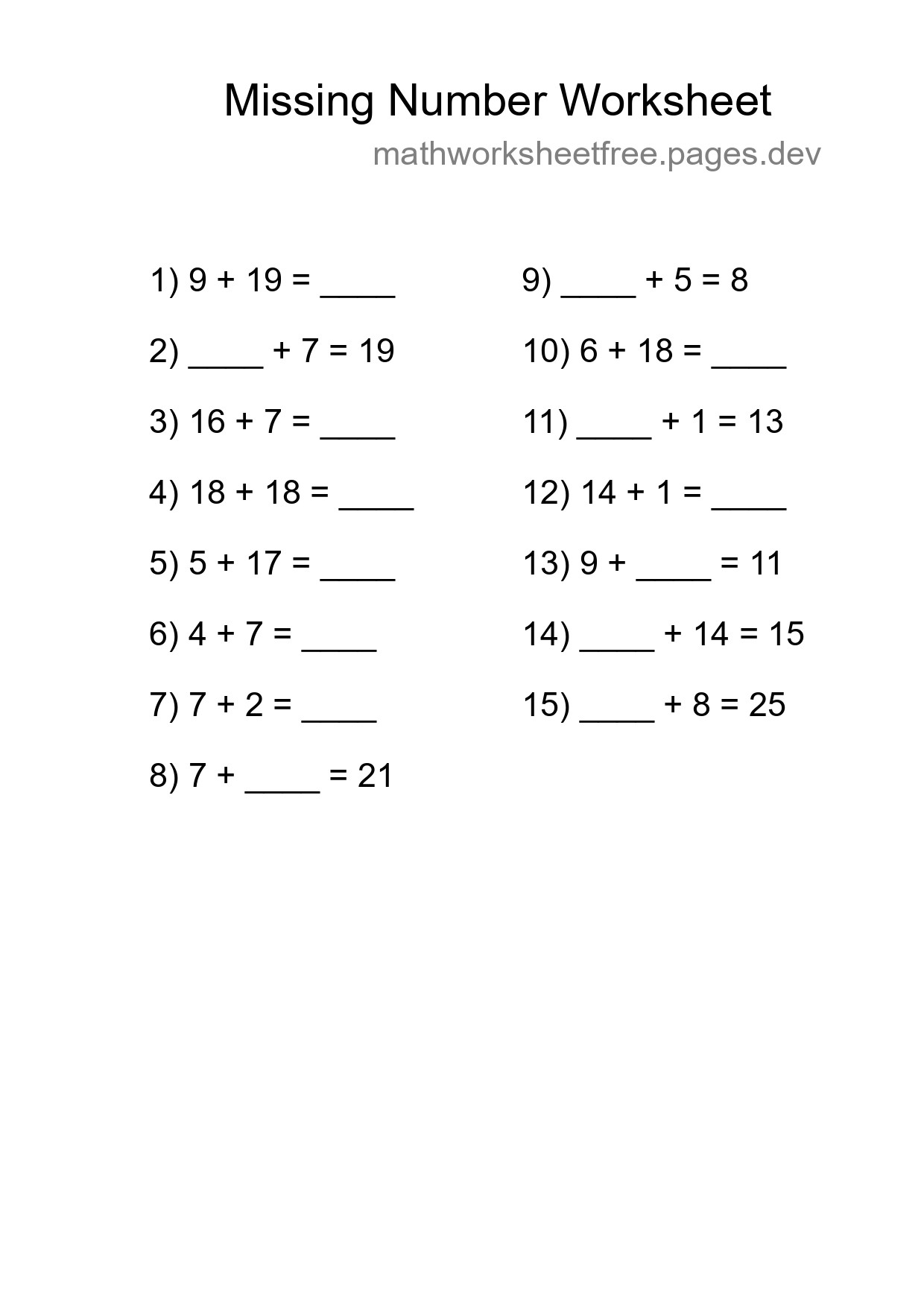 Missing Number Math Worksheet