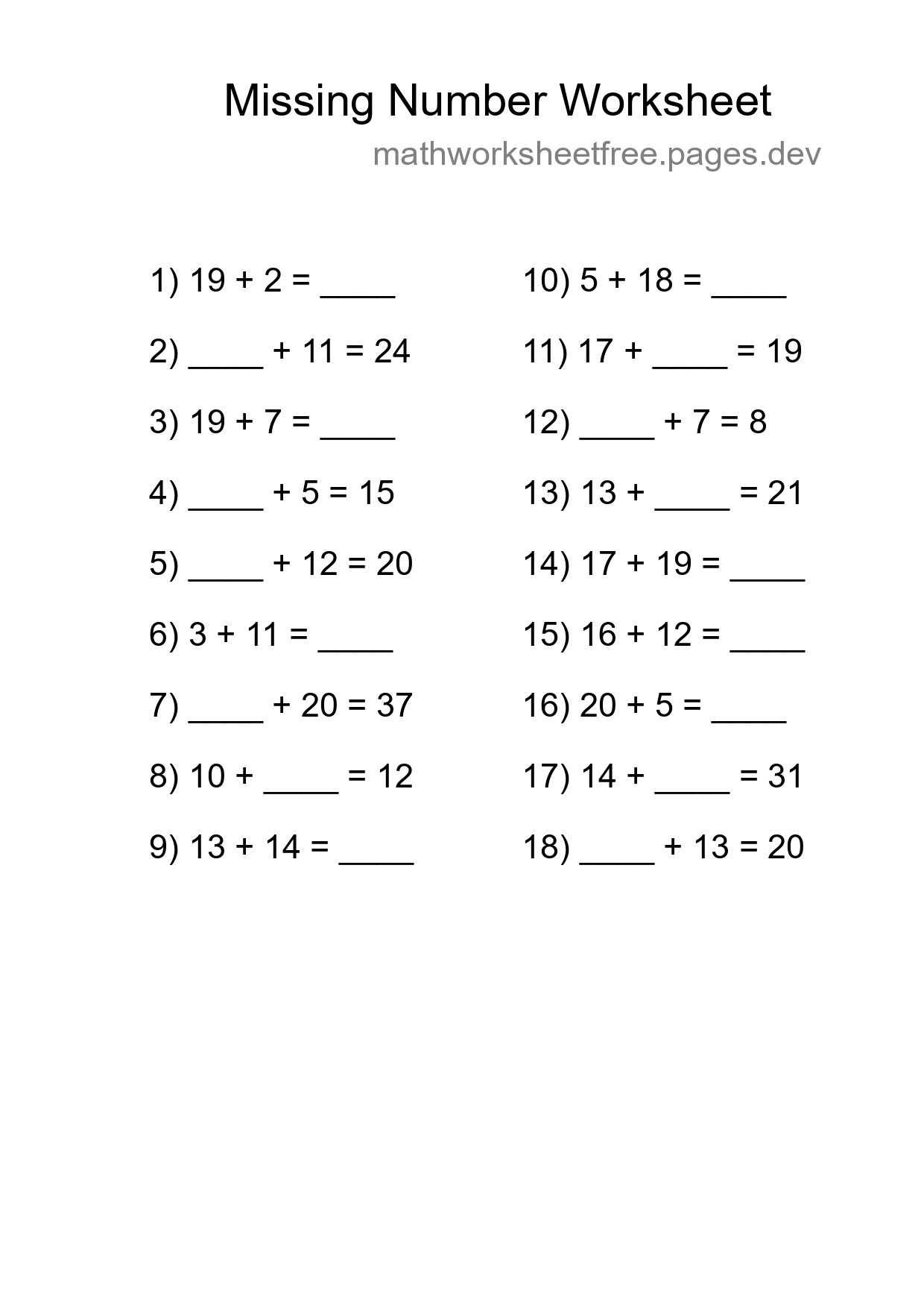 Missing Number Math Worksheet