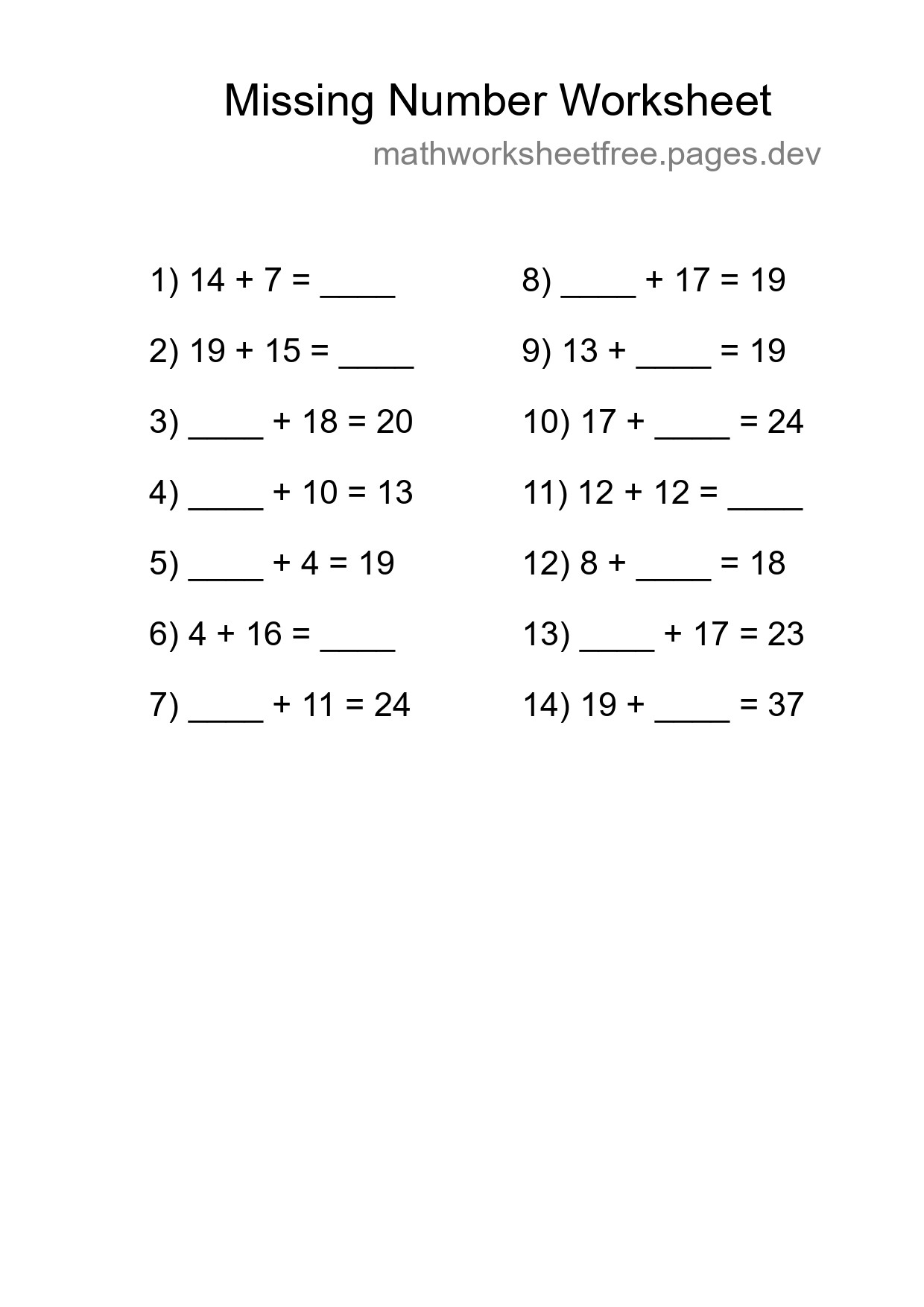 Missing Number Math Worksheet