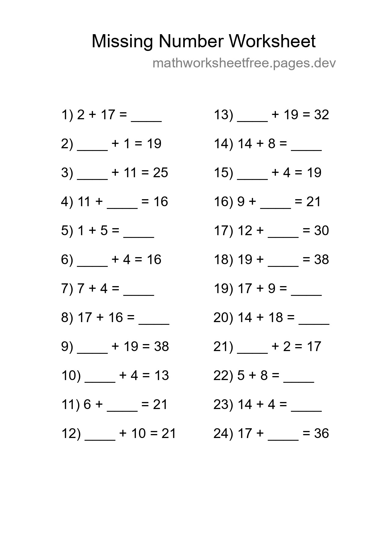 Missing Number Math Worksheet