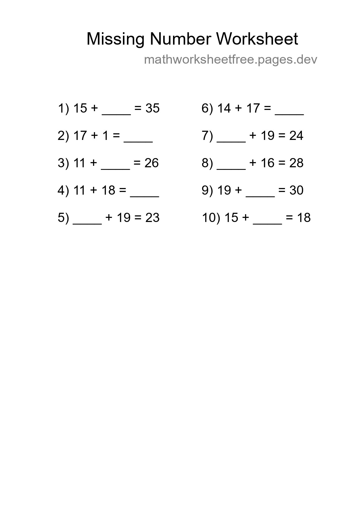Missing Number Math Worksheet