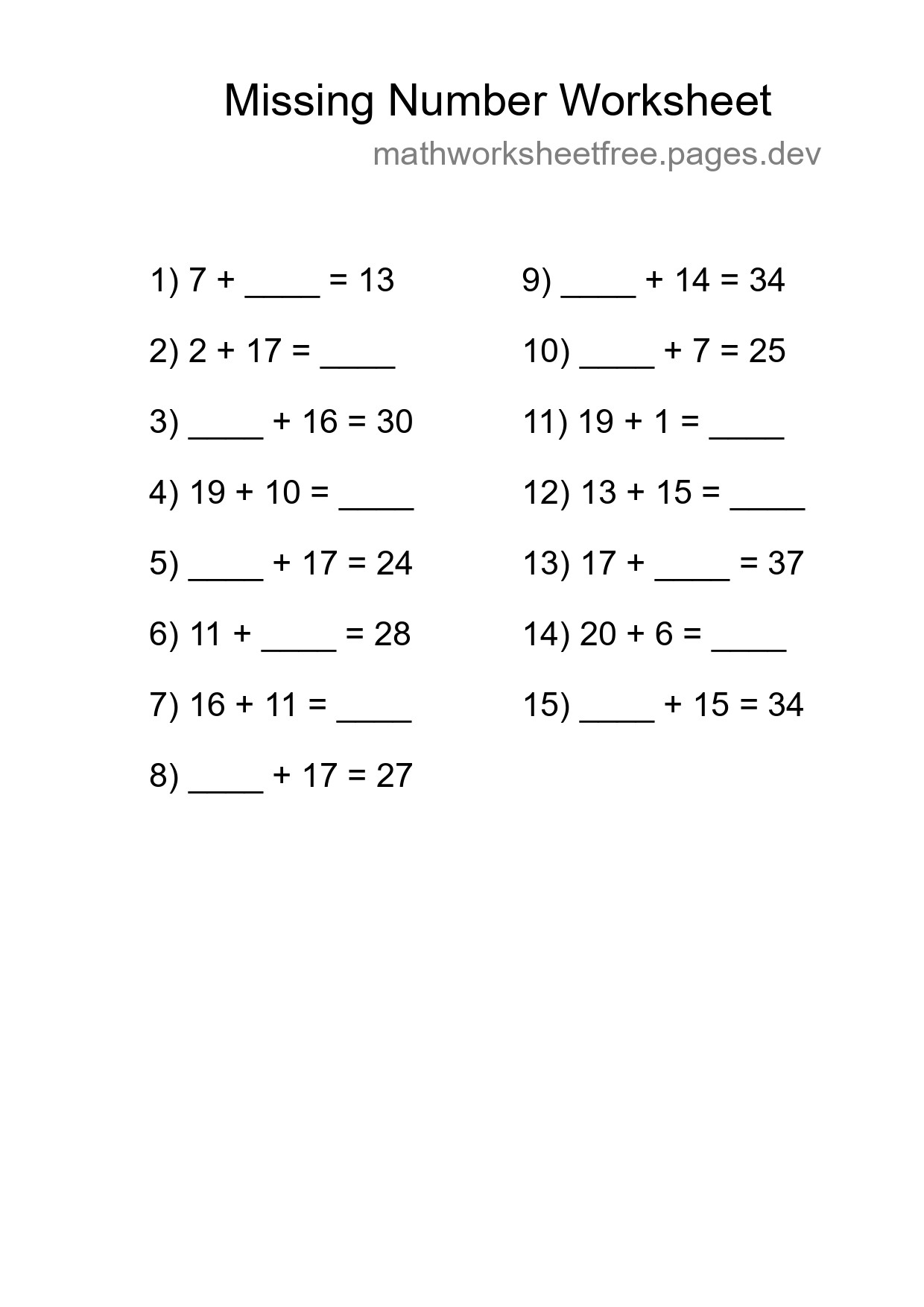 Missing Number Math Worksheet