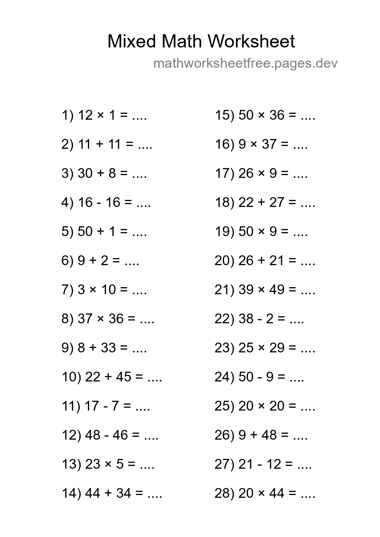 Mixed Operations Math Worksheet
