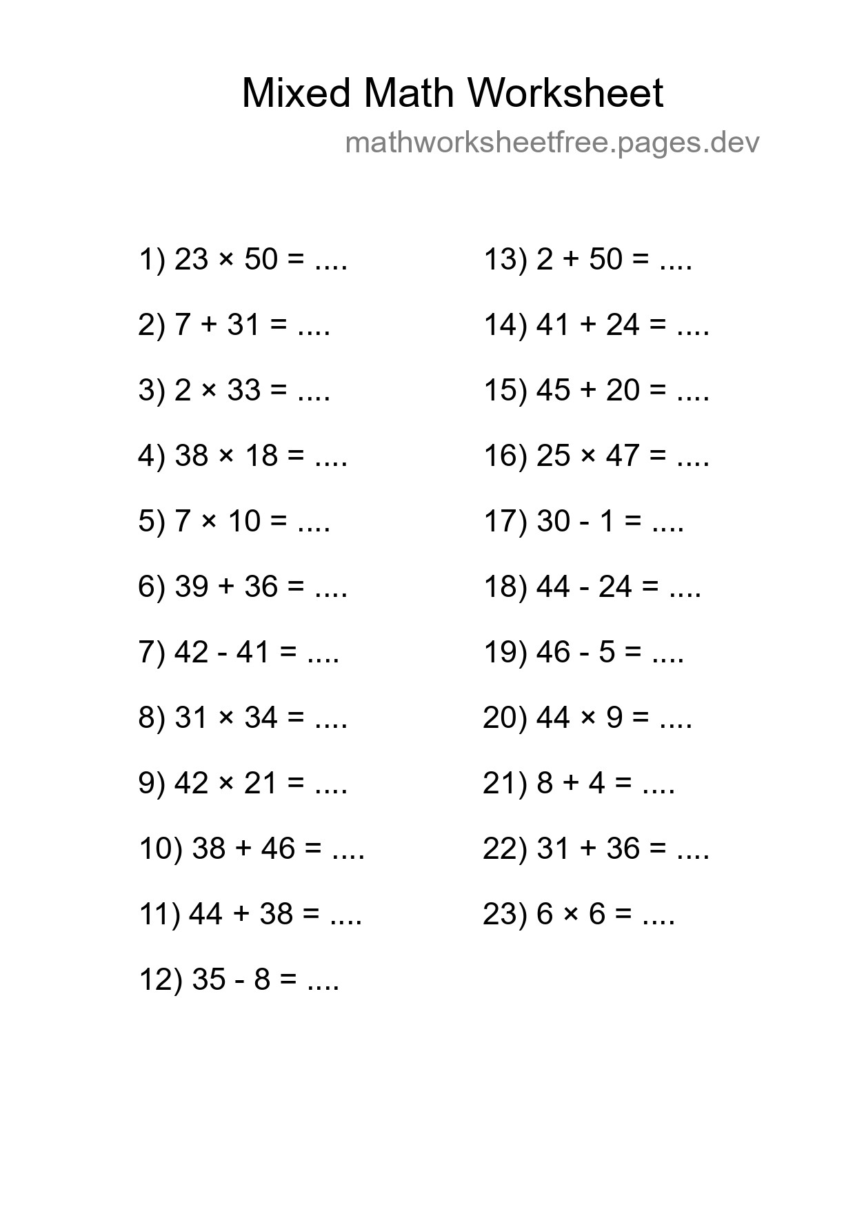 Mixed Operations Math Worksheet