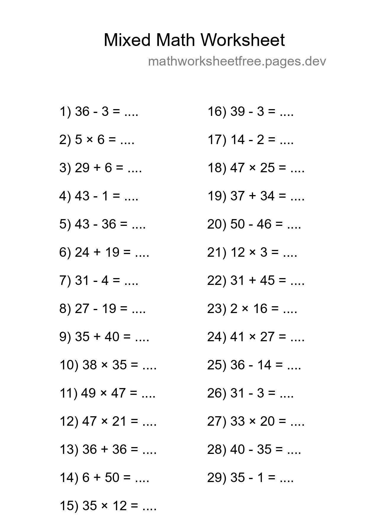 Mixed Operations Math Worksheet