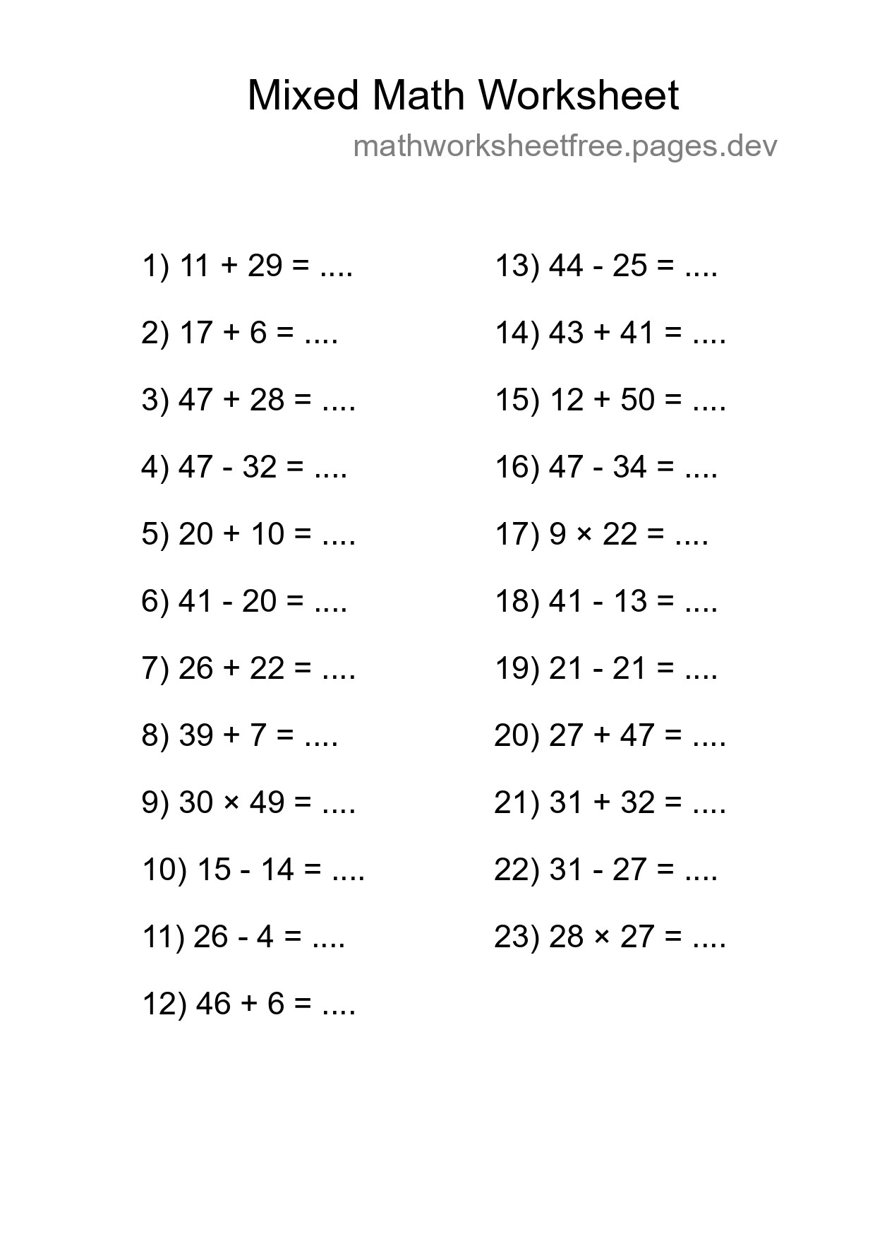 Mixed Operations Math Worksheet